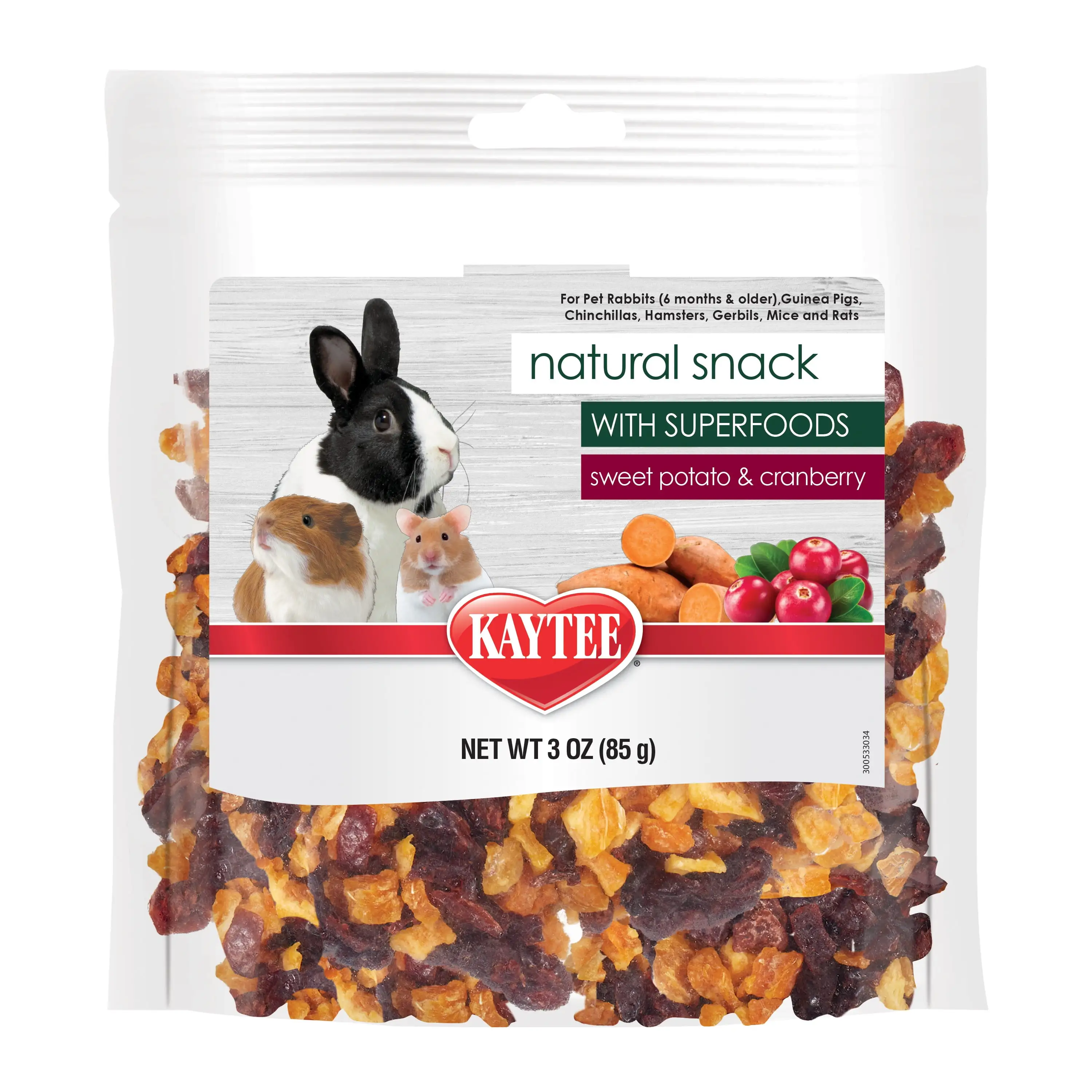 Kaytee Natural Dry Snack for Small Animals. Sweet Potato & Cranberry Treat or Topper. 3 oz