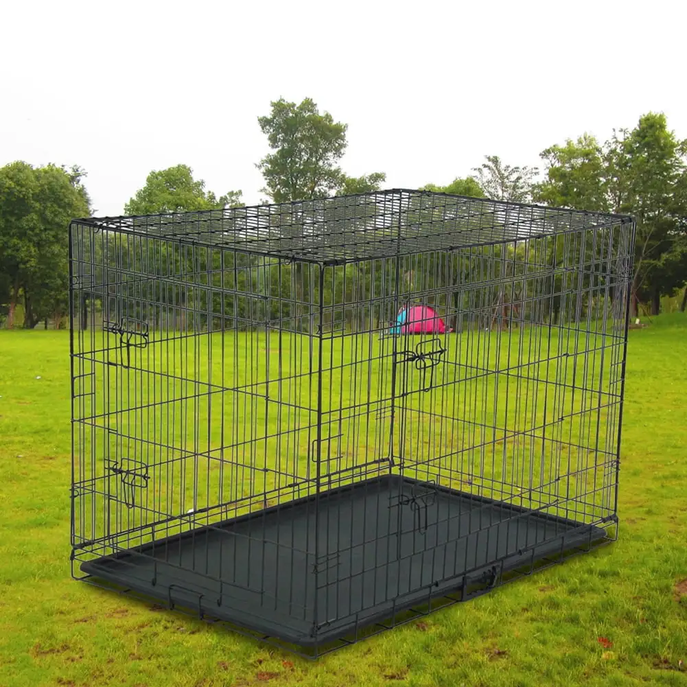 Kepooman Dog Crate Dog Cage Pet Crate for Large Dogs Folding Metal Pet Cage Double Door W/Divider Panel Indoor Outdoor Dog Kennel Leak-Proof Plastic Tray Wire Animal Cage (Black Dog Playpen. 42)