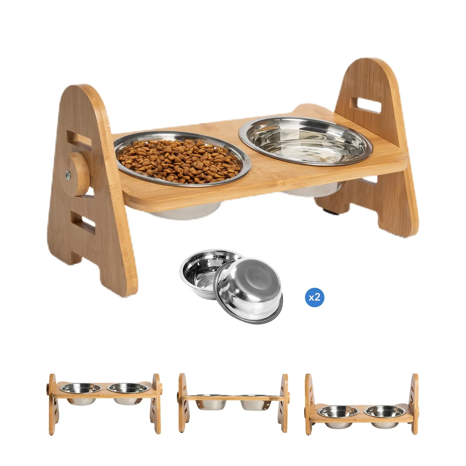 Kitgo Adjustable Elevated Stainless Steel Bowl for Dogs and Cats. Durable Bamboo Frame Feeding Tray Dog Bowl. 15?? Tilt Elevation with 2 Stainless Steel Bowls and Non-Slip Feet