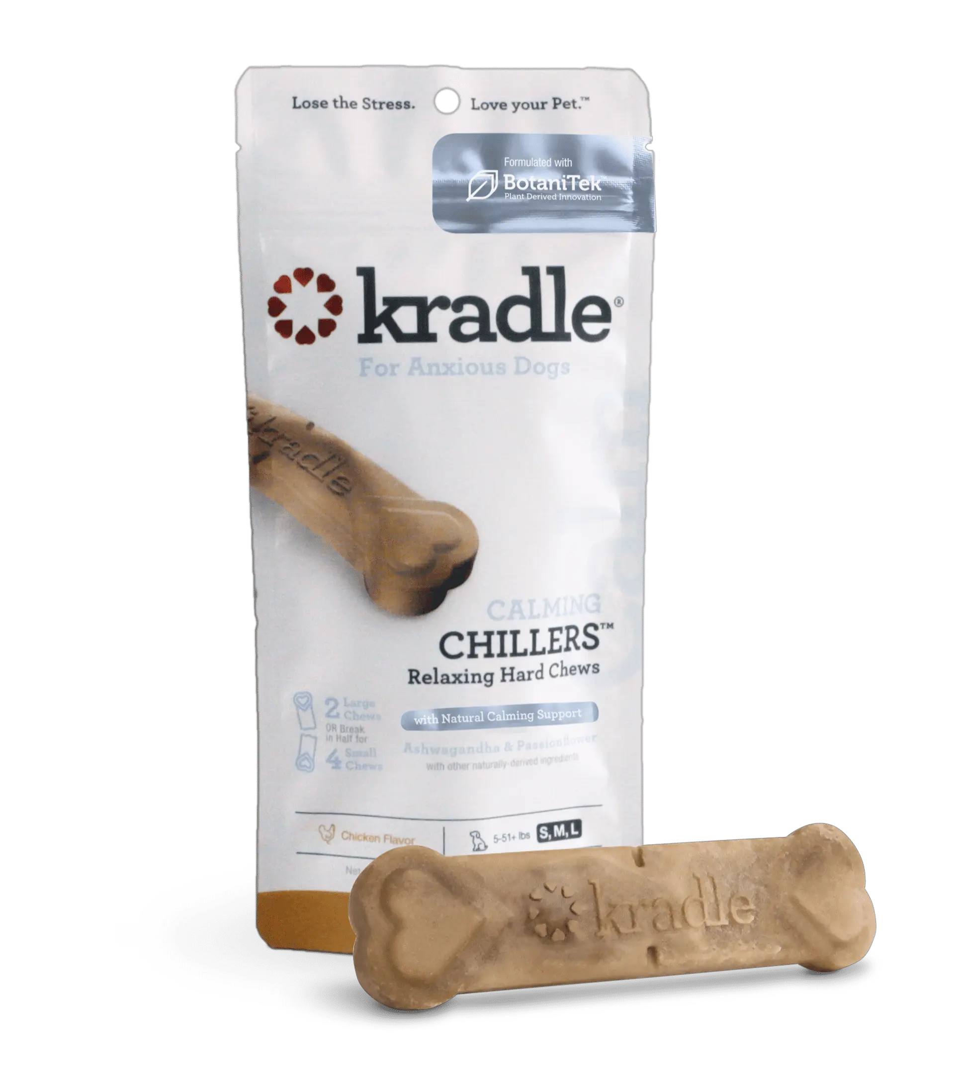 Kradle Calming Chillers. Relaxing Hard Dog Chews. Chicken Flavor. 2 Dry Chews. 4 Ounce Bag