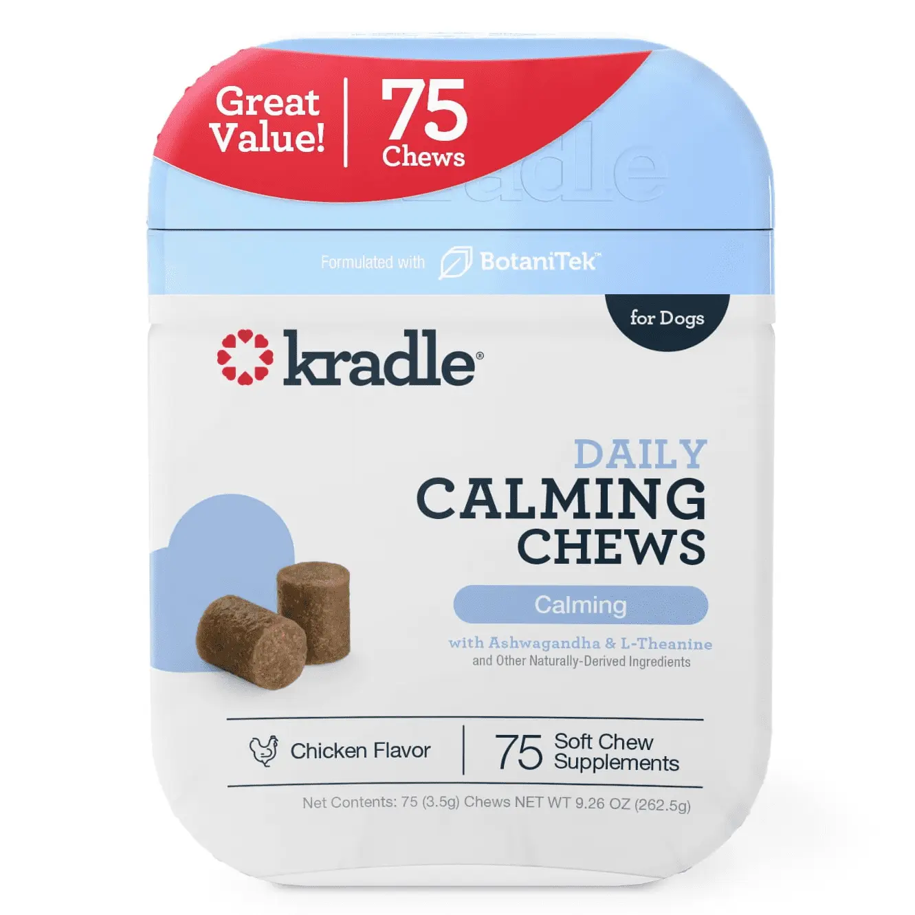 Kradle Calming Daily Soft Chews for Stress & Anxiety in Dogs. Chicken Flavor. 75 Count