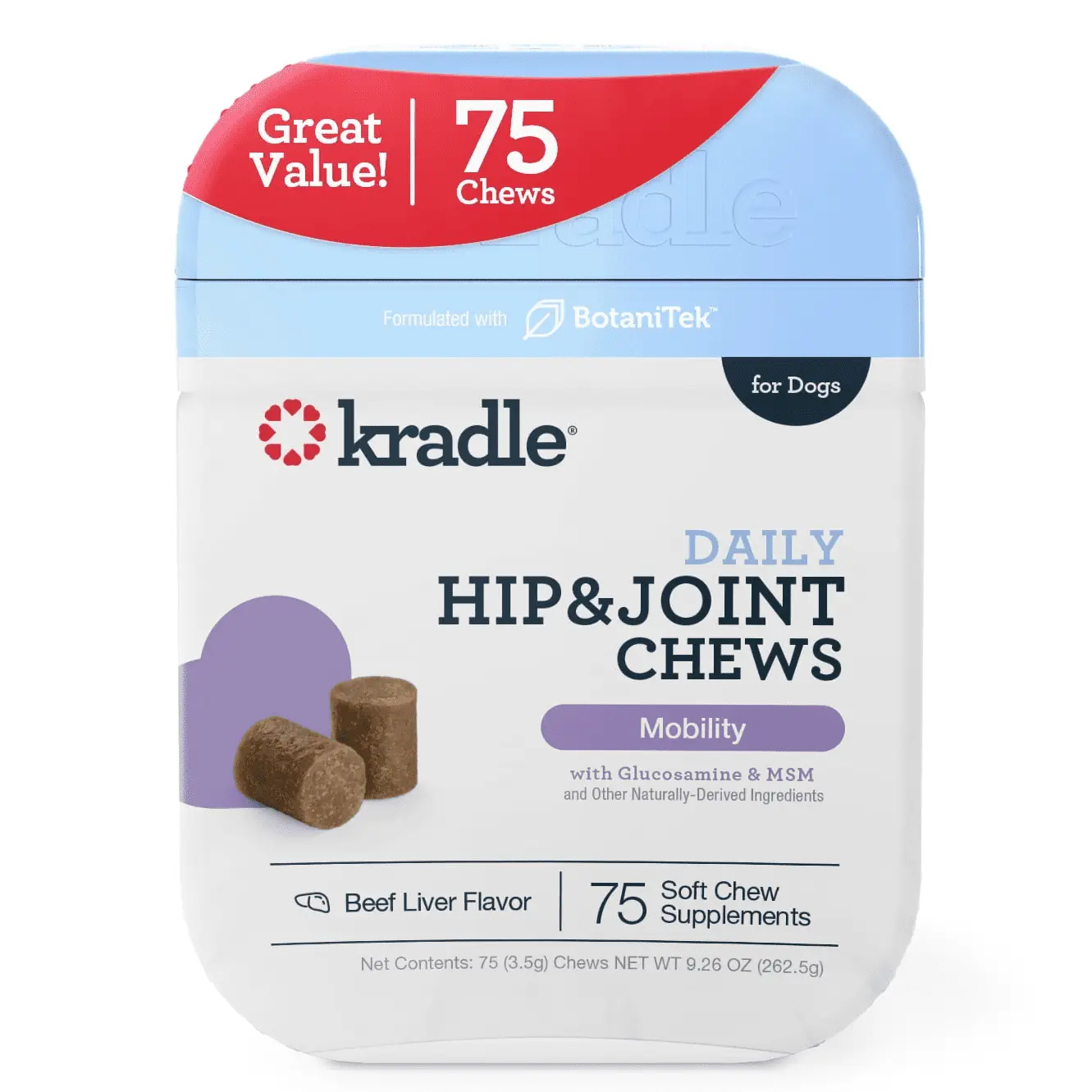 Kradle Calming Hip & Joint Soft Chews. Dog Mobility Support. Beef Liver Flavor. 75 Count