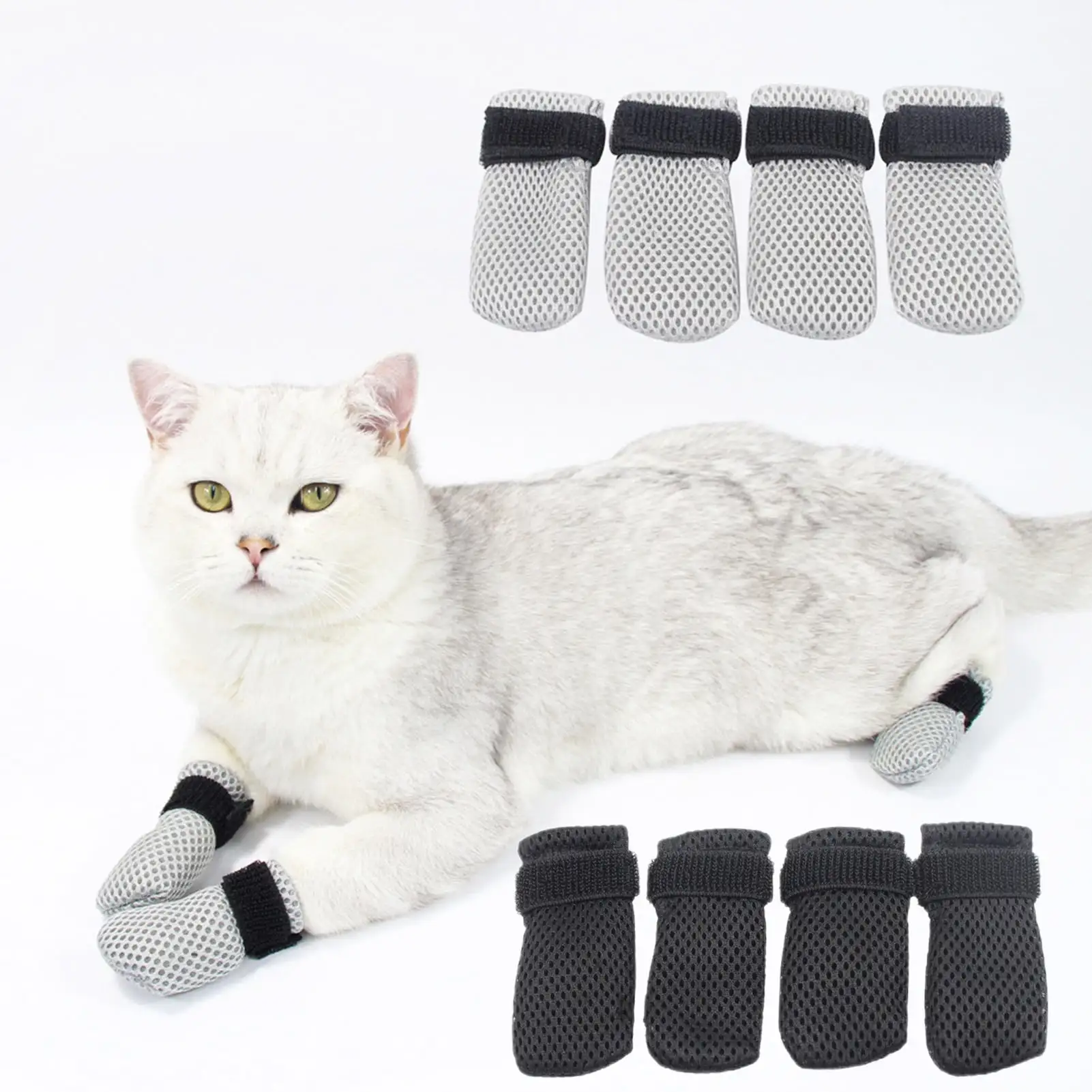 Kripyery 4 Pcs Cat Socks Anti-Scratch Anti Skid Protective Friendly to Skin 2 Sizes Elastic Soft Fabric Durable Non-Slip Cat Foot Cover Cat Supplies