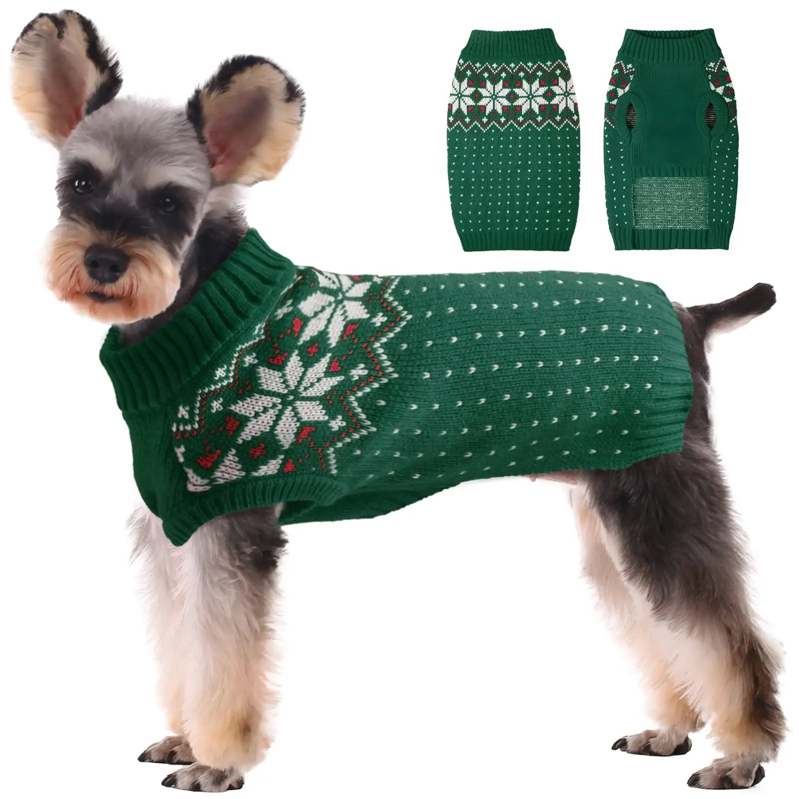 Kuoser Acrylic & Cotton Snowflake Dog Sweater Coat. Green. XS