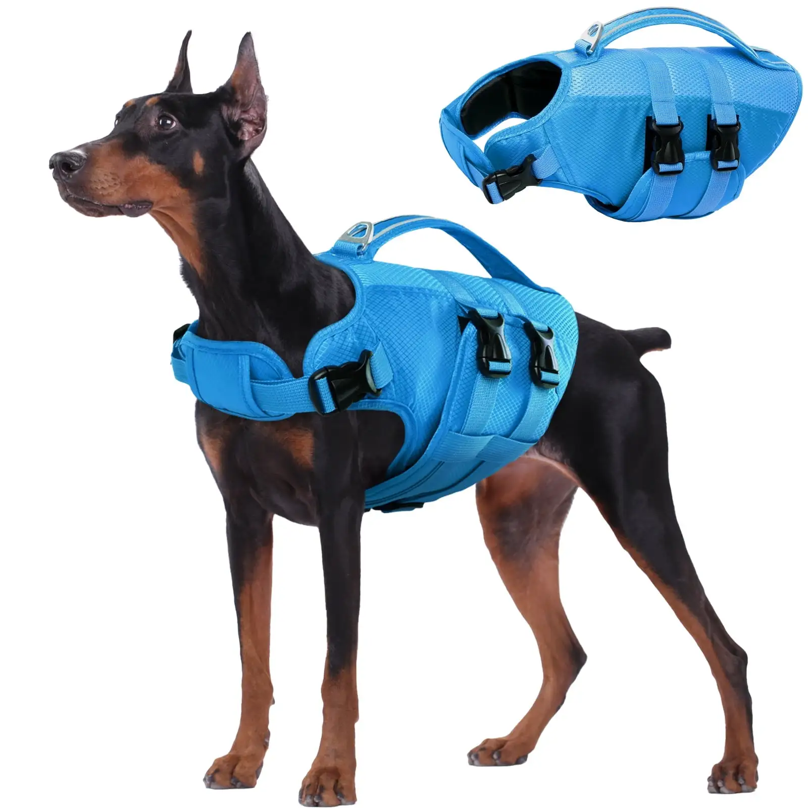 Kuoser Dog Life Jacket. Reflective Life Vest with Rescue Handle for Small Medium Large Dogs. Blue. XL