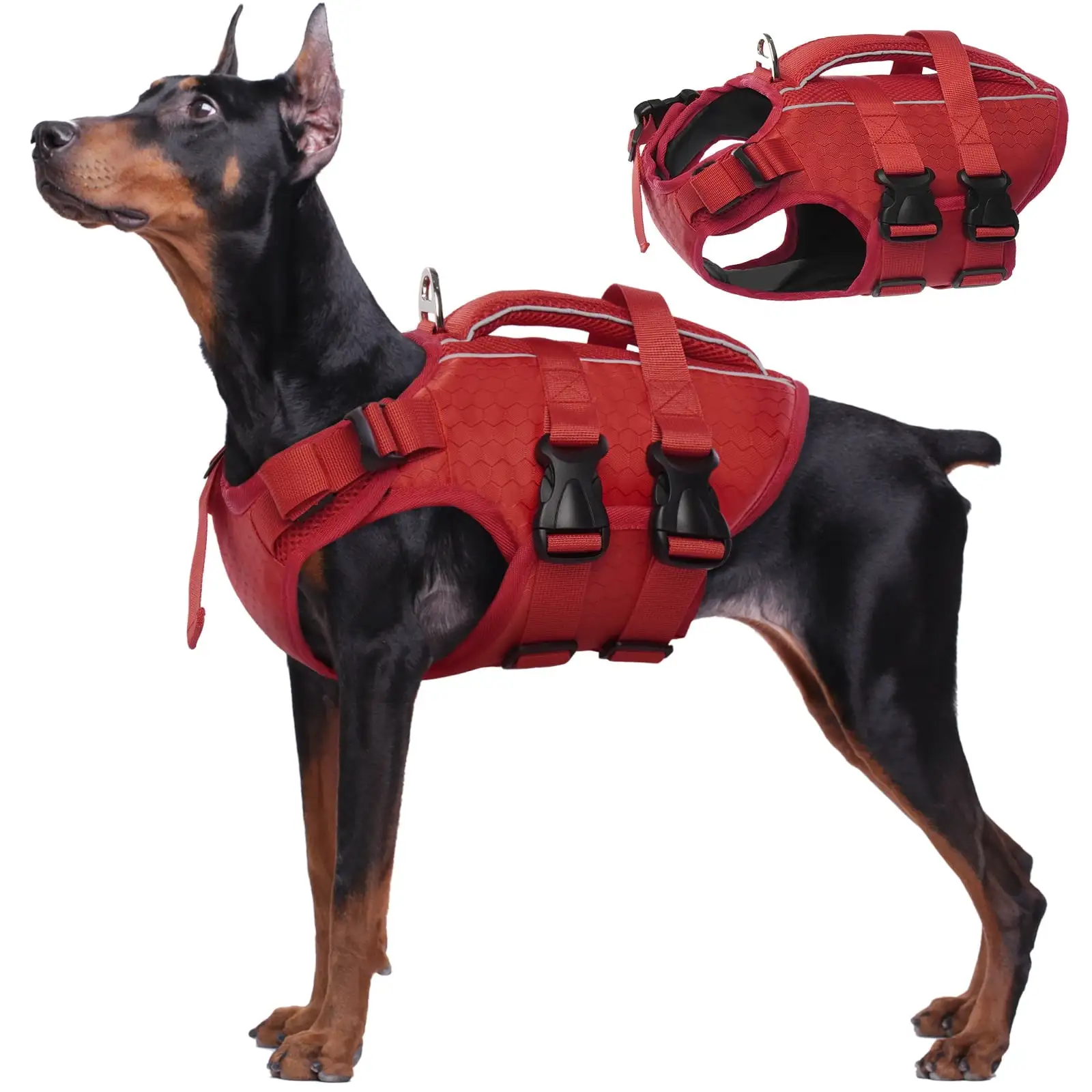 Kuoser Dog Life Jacket. Reflective and Adjustable Dog Life Vest for Small Medium Large Dogs Red. L