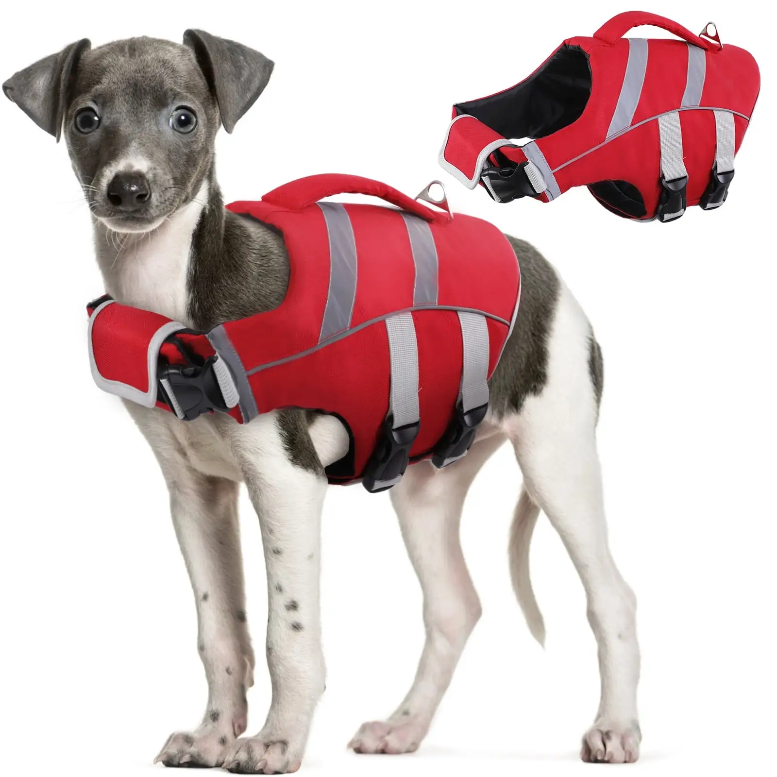 Kuoser Dog Life Jacket with Reflective Stripes. Adjustable Dog Life Vest Ripstop Dog Lifesaver. Red. L