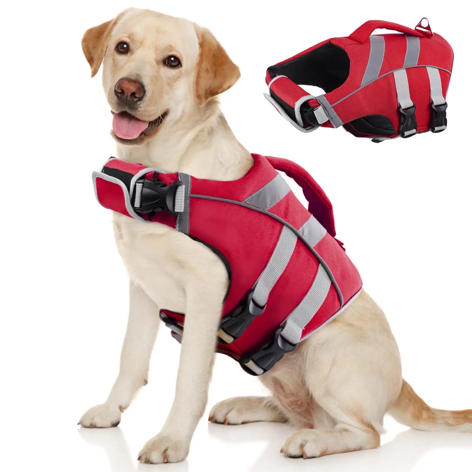 Kuoser Dog Life Jacket with Reflective Stripes. Adjustable Dog Life Vest Ripstop Dog Lifesaver. Red. XXL