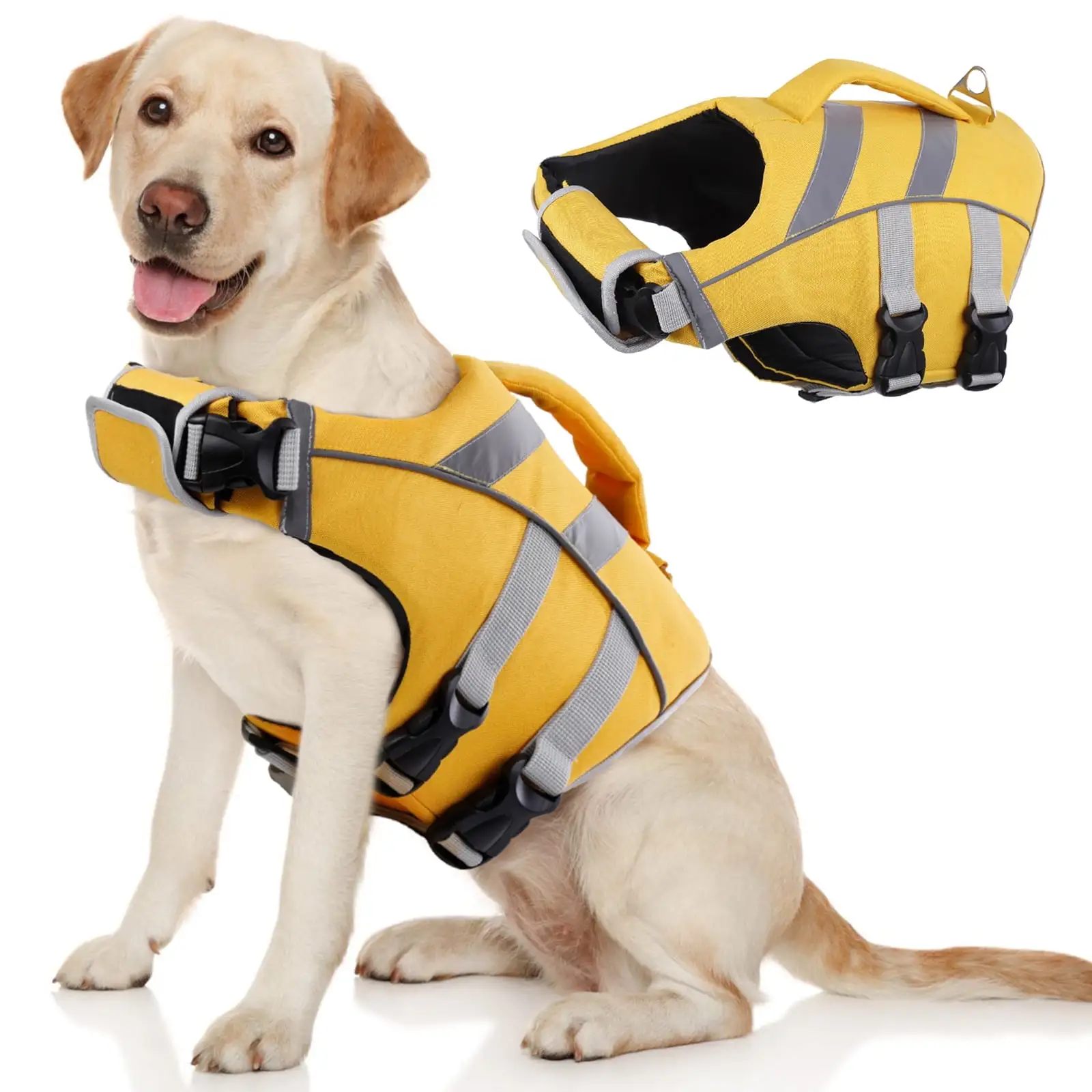 Kuoser Dog Life Jacket with Reflective Stripes. Adjustable Dog Life Vest Ripstop Dog Lifesaver. Yellow. XL