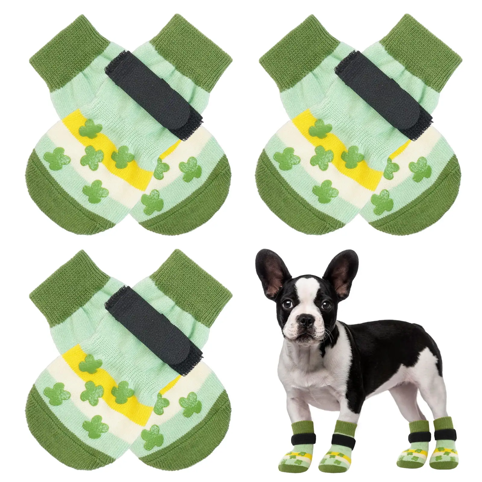 Kuoser Dog Socks for Small Dogs. 3 Pair Warm Anti-Slip Pet Paw Socks for Hardwood Floors. Green. M