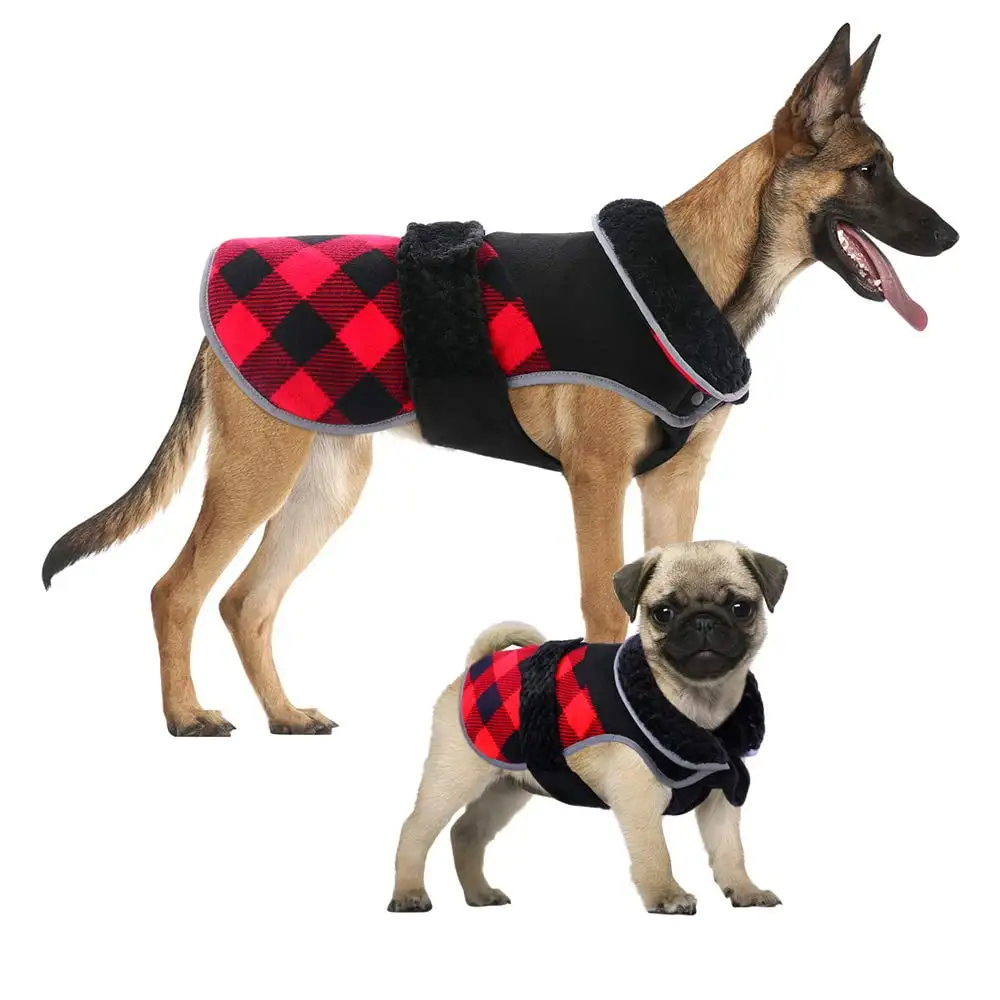 Kuoser Dog Winter Coat British Style Plaid Fleece Warm Christmas Clothes. Reflective Reversible Cold Weather Dog Jacket Windproof Cozy Dog Vest for Small Medium Large Dogs