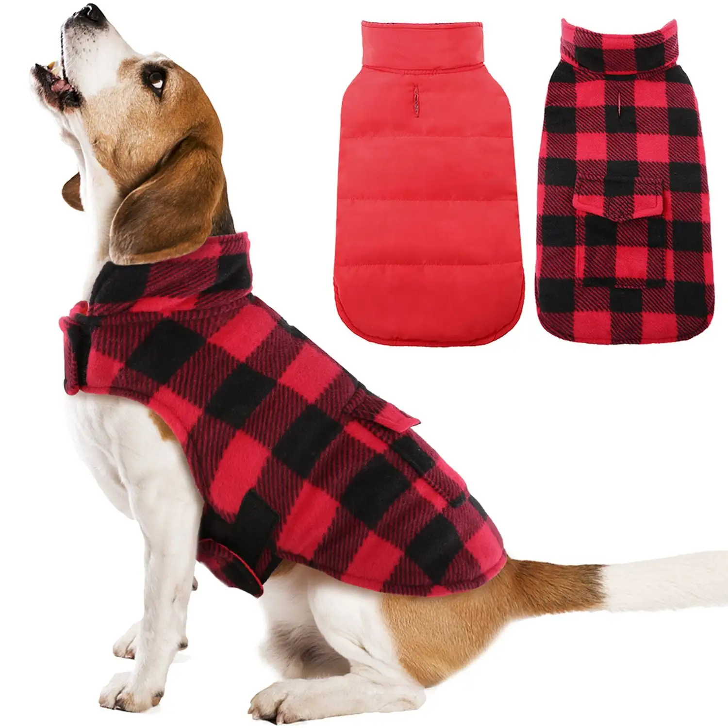 Kuoser Polyester. Cotton & Fleece Plaid Dog Coat & Jacket. Red. XS