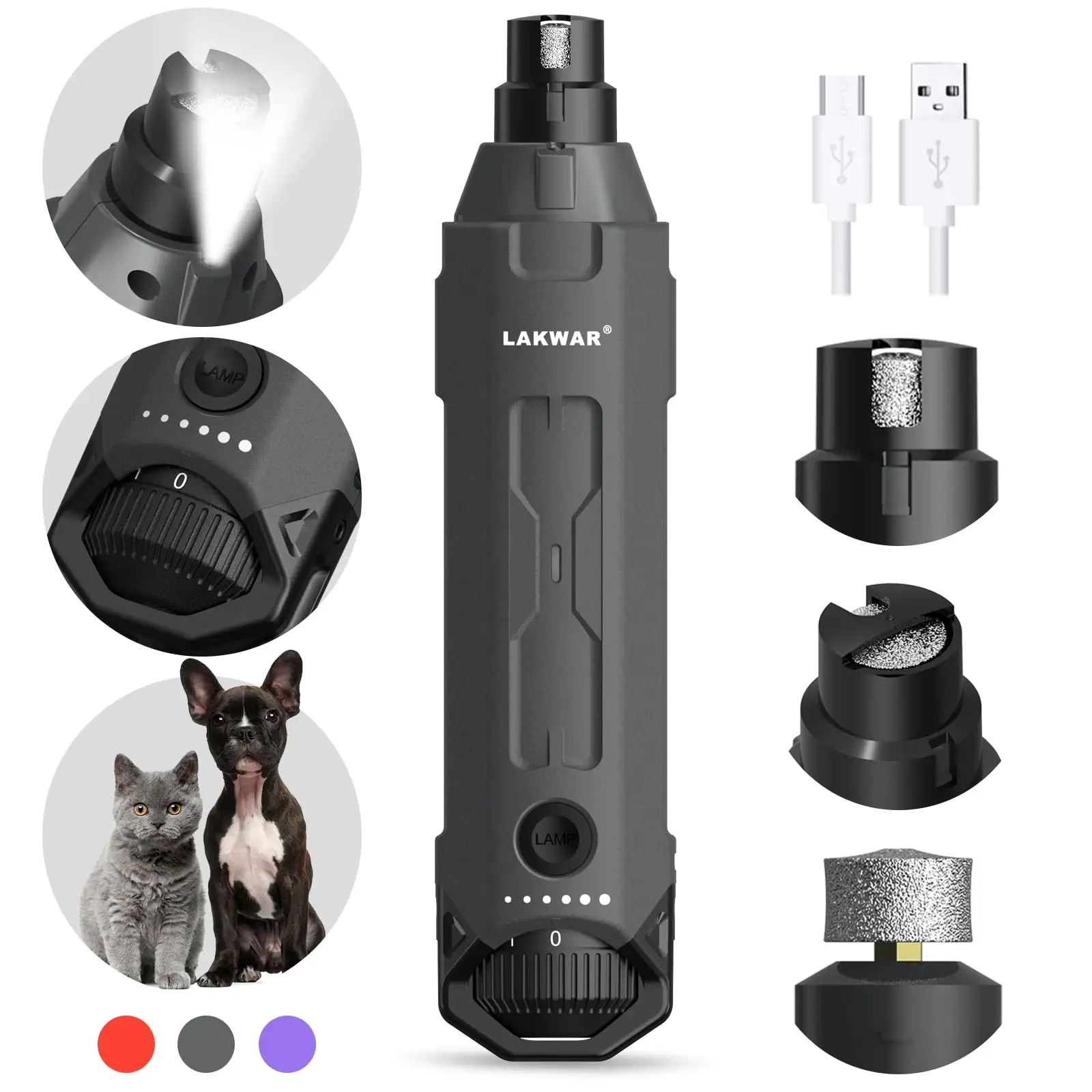 LAKWAR Dog Nail Grinder.6-Speed Pet Nail Grinder W/Light Quiet Rechargeable Electric Dog Nail Clippers Painless Paws Grooming & Smoothing Tool for Large Medium Small Dogs(Gray)