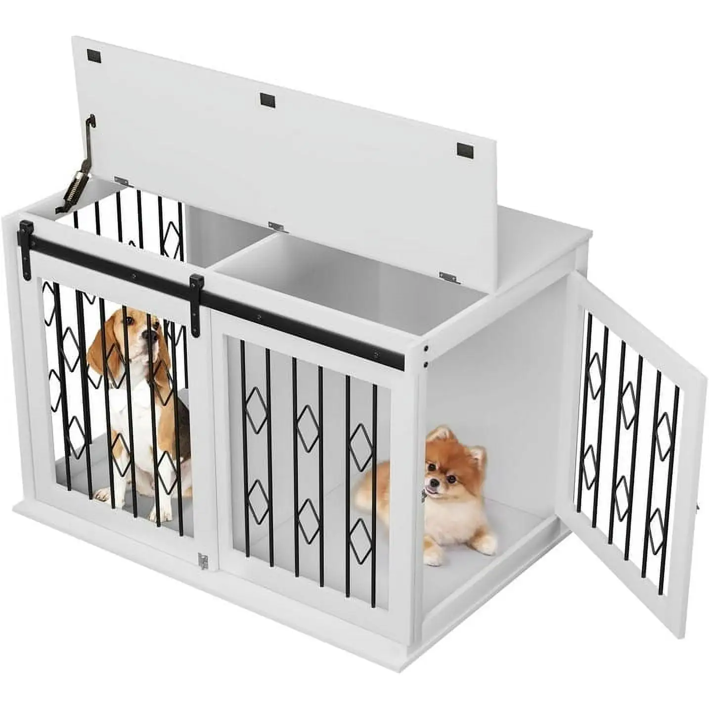 LAZY BUDDY 39.4 Dog Crate Furniture. Wooden Dog Kennel w/Sliding Door. Detachable Divider. and Flip-up Top. White