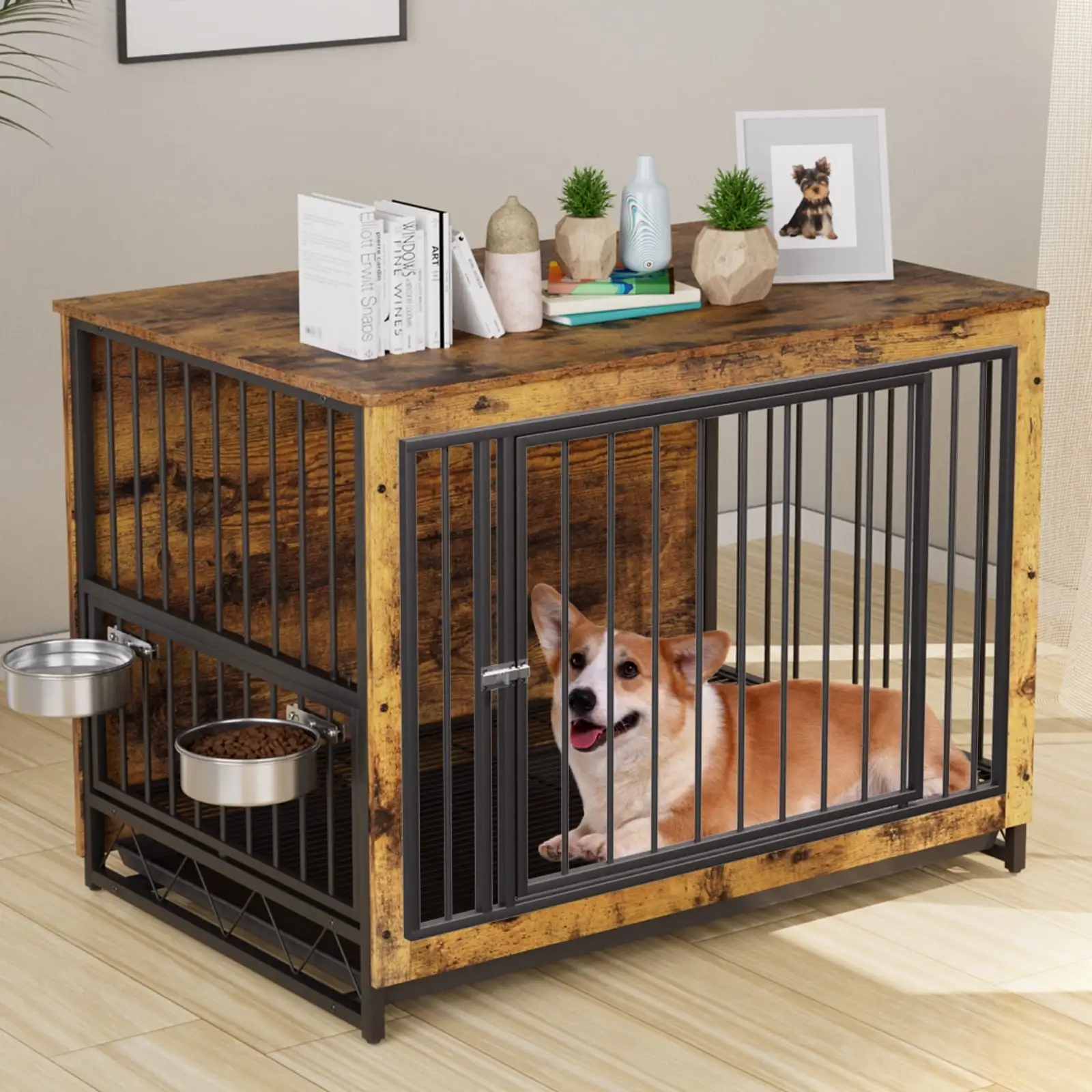 LAZY BUDDY Dog Crate. Wooden Dog Kennel with Bowls and Tray. Large End Table Dog House. 44.1''L x 29.5''W x 32.3''H. Brown