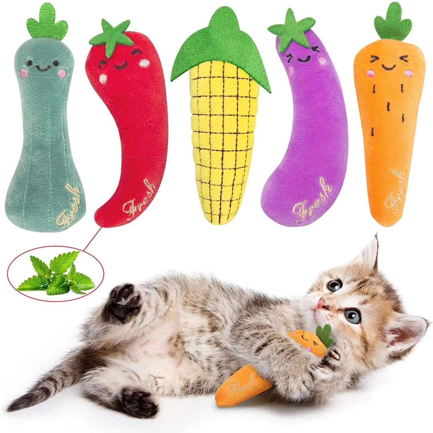 LONGRV 5 PCS Cat ToyCatnip Toy Carrot Eggplant Pepper Catnip Toy Cat Chew Toy Pet Biting Toy to Cat's Nice Gift