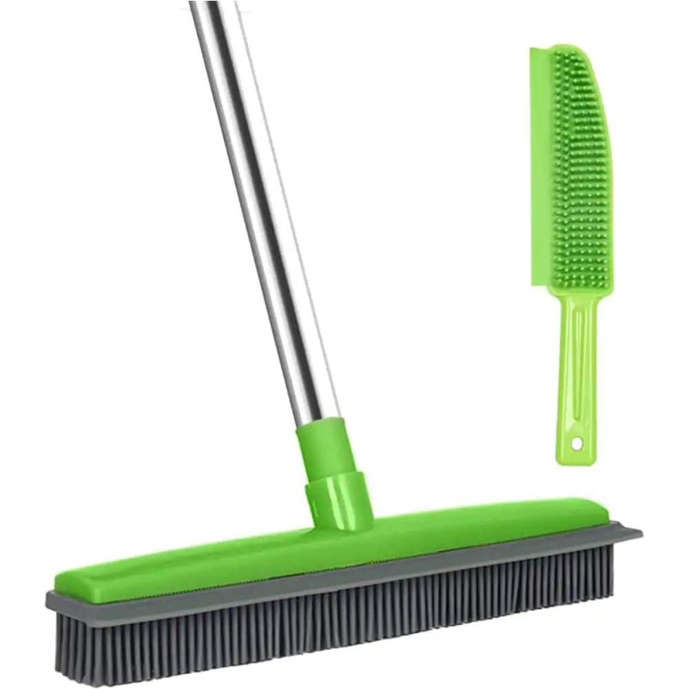 LandHope Rubber Broom for Clean Indoor&Outdoor.50'' Handle Carpet Rug Rake & Pet Massage Brush.Green