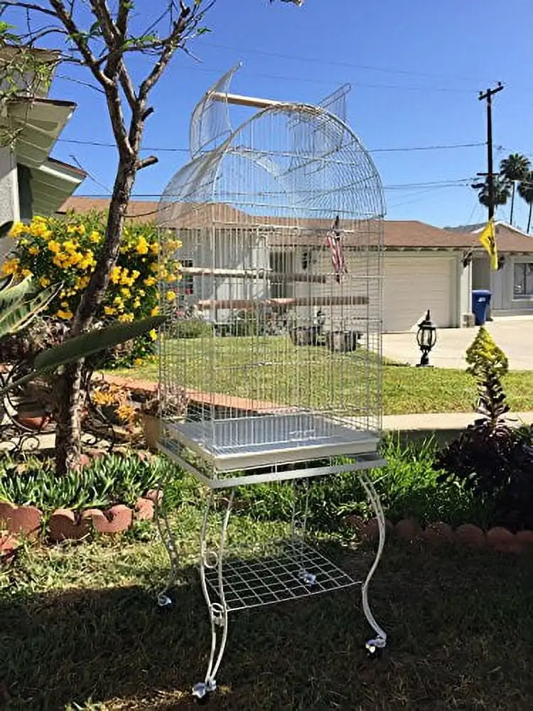 Large 20-Inch Open Plays Dome Top 5/8 Inch Bar Spacing Lovebird Cockatiel Cockatiels Parakeets Cage Stainless Steel Cups Removable Stand (White)