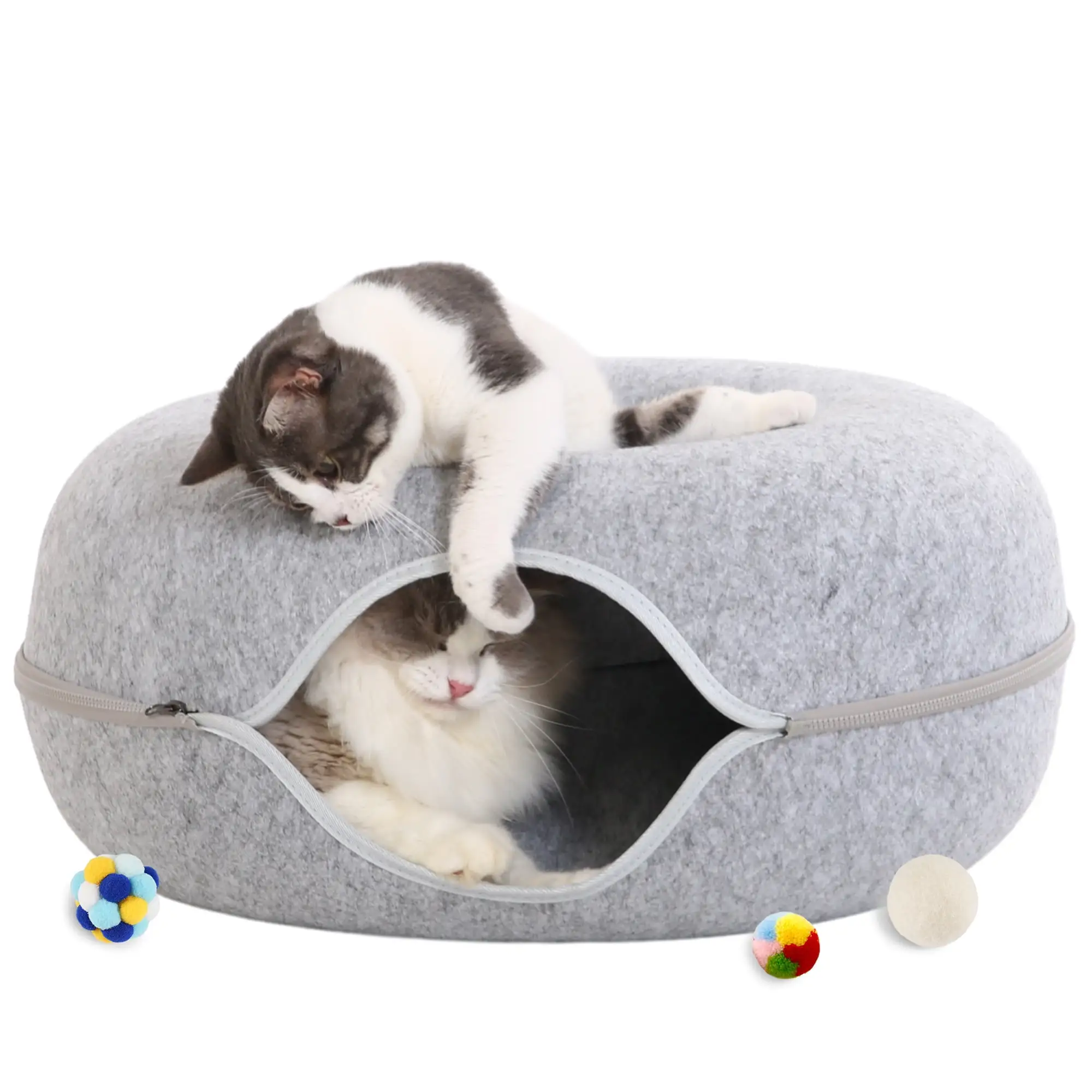 Large Cat Tunnel Bed for Indoor Cats with 3 Toys. Scratch Resistant Donut Cat Bed. Up to 30Lbs (L 24x24x11. Light Grey)