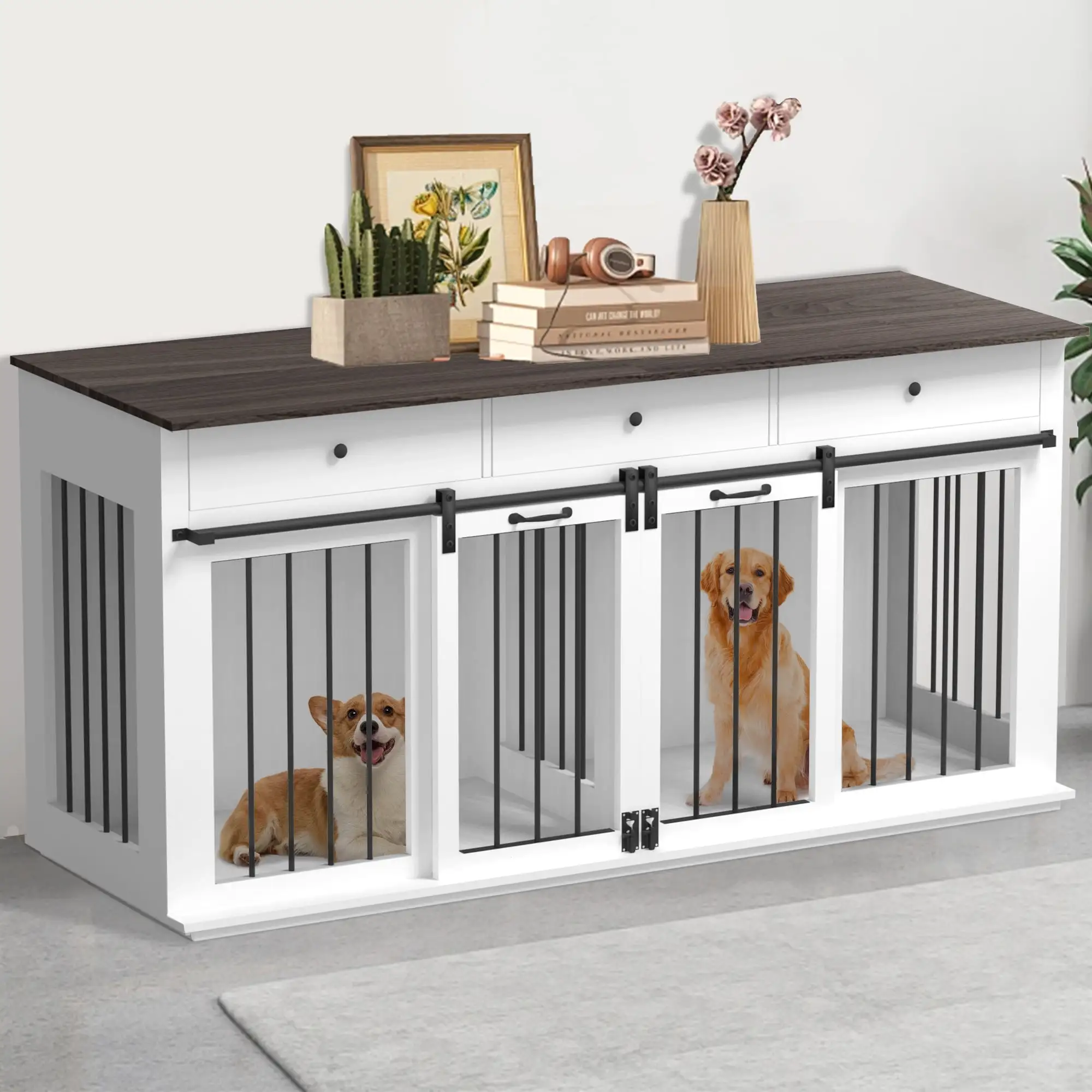 Large Dog Crate Furniture-Indoor Wooden Dog Kennel with Drawers Storage and Locks for Large or 2 Medium Dogs