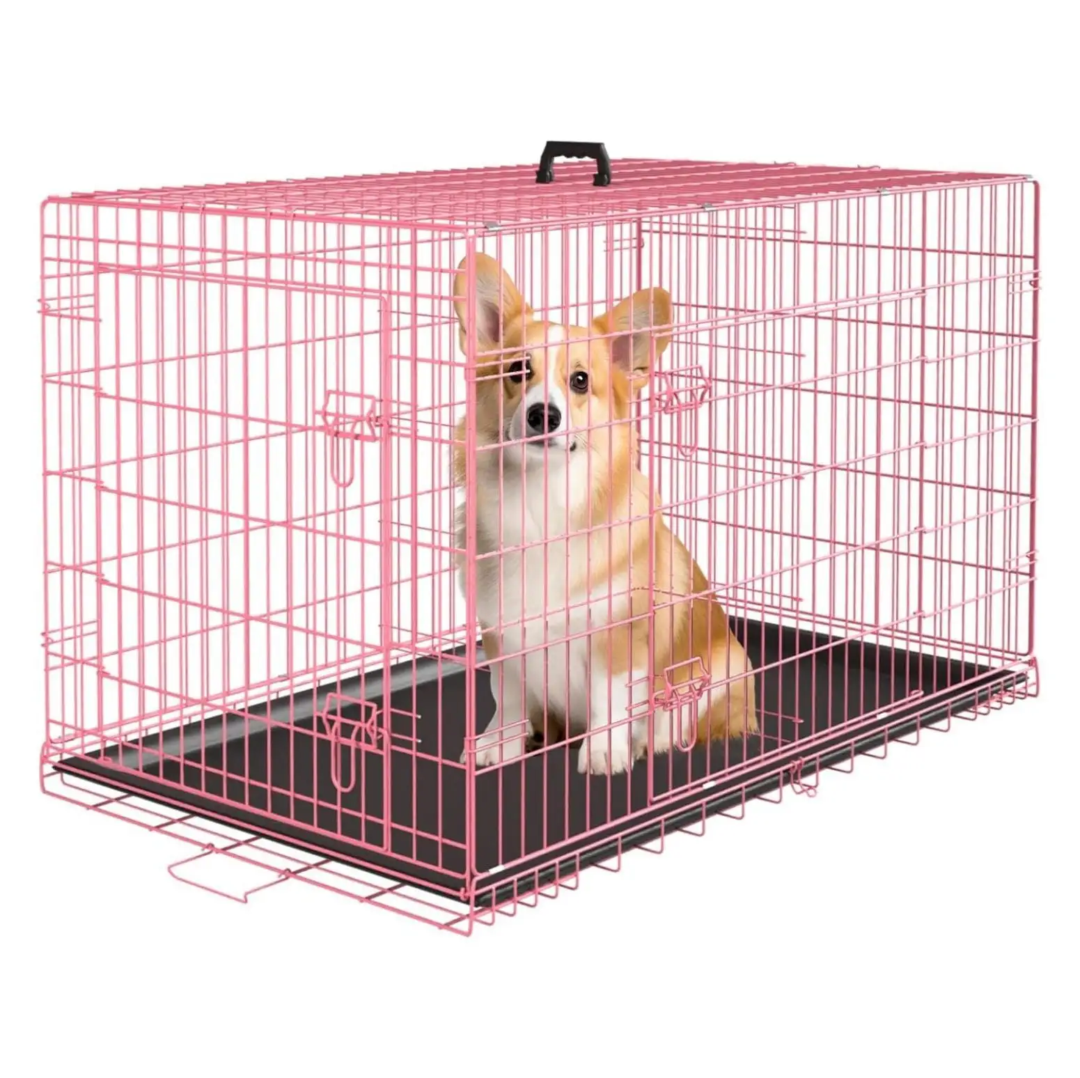 Large Dog Crate Kennel for Medium Large Dogs 30 inches Metal Dog Cage Double-Door Folding Travel Indoor Outdoor Puppy Playpen with Divider and Handle Plastic Tray.