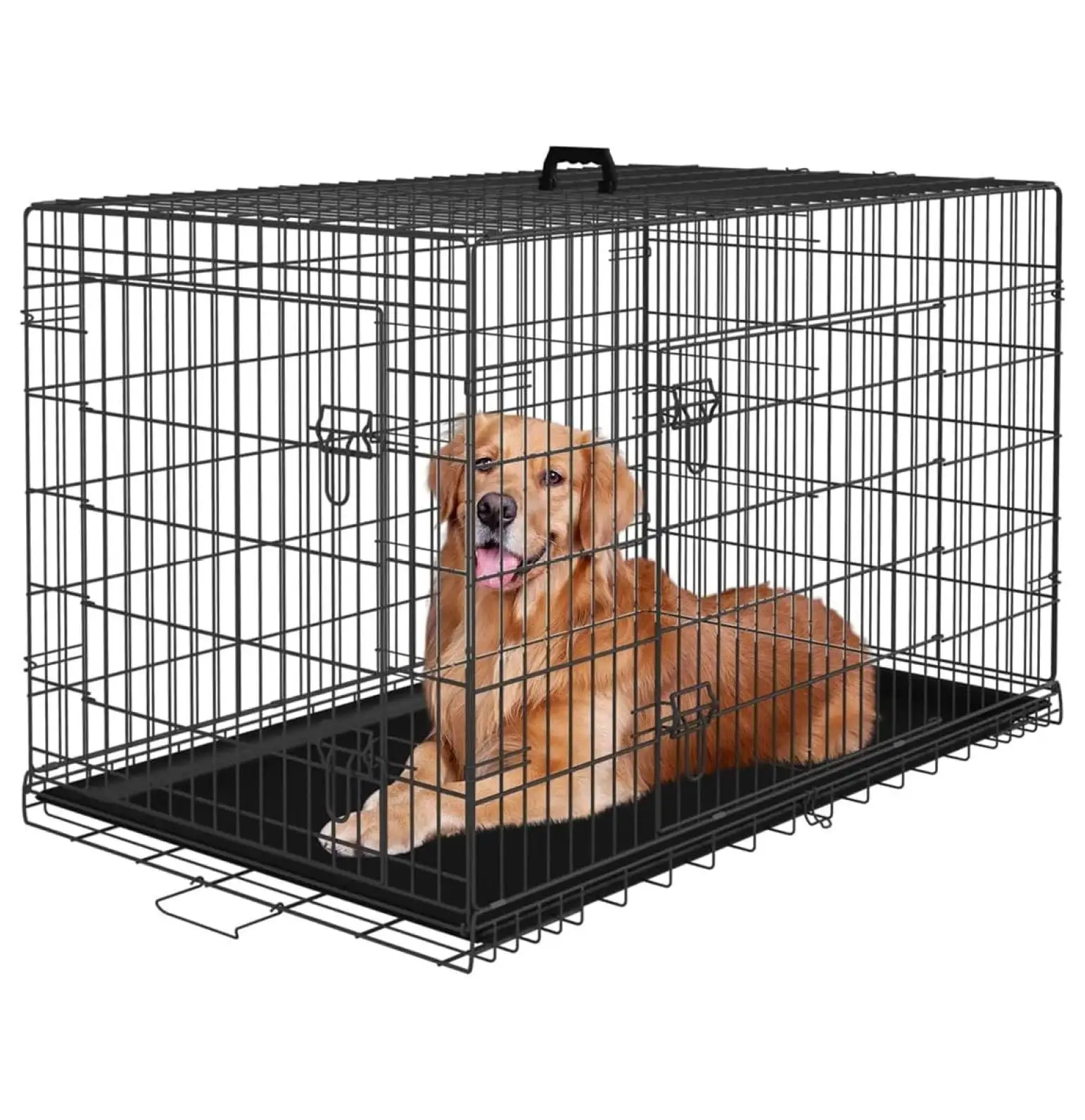 Large Dog Crate Kennel for Medium Large Dogs Metal Dog Cage Double-Door Folding Travel Indoor Outdoor Puppy Playpen with Divider and Handle Plastic Tray ( Inch. Black)