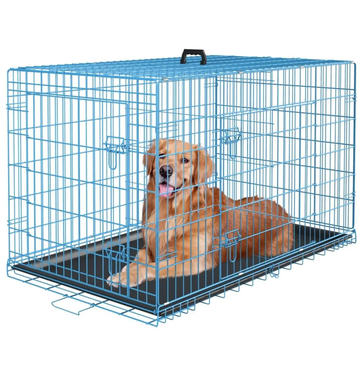 Large Dog Crate Kennel for Medium Large Dogs Metal Dog Cage Double-Door Folding Travel Indoor Outdoor Puppy Playpen with Divider and Handle Plastic Tray ( Inch. Blue)