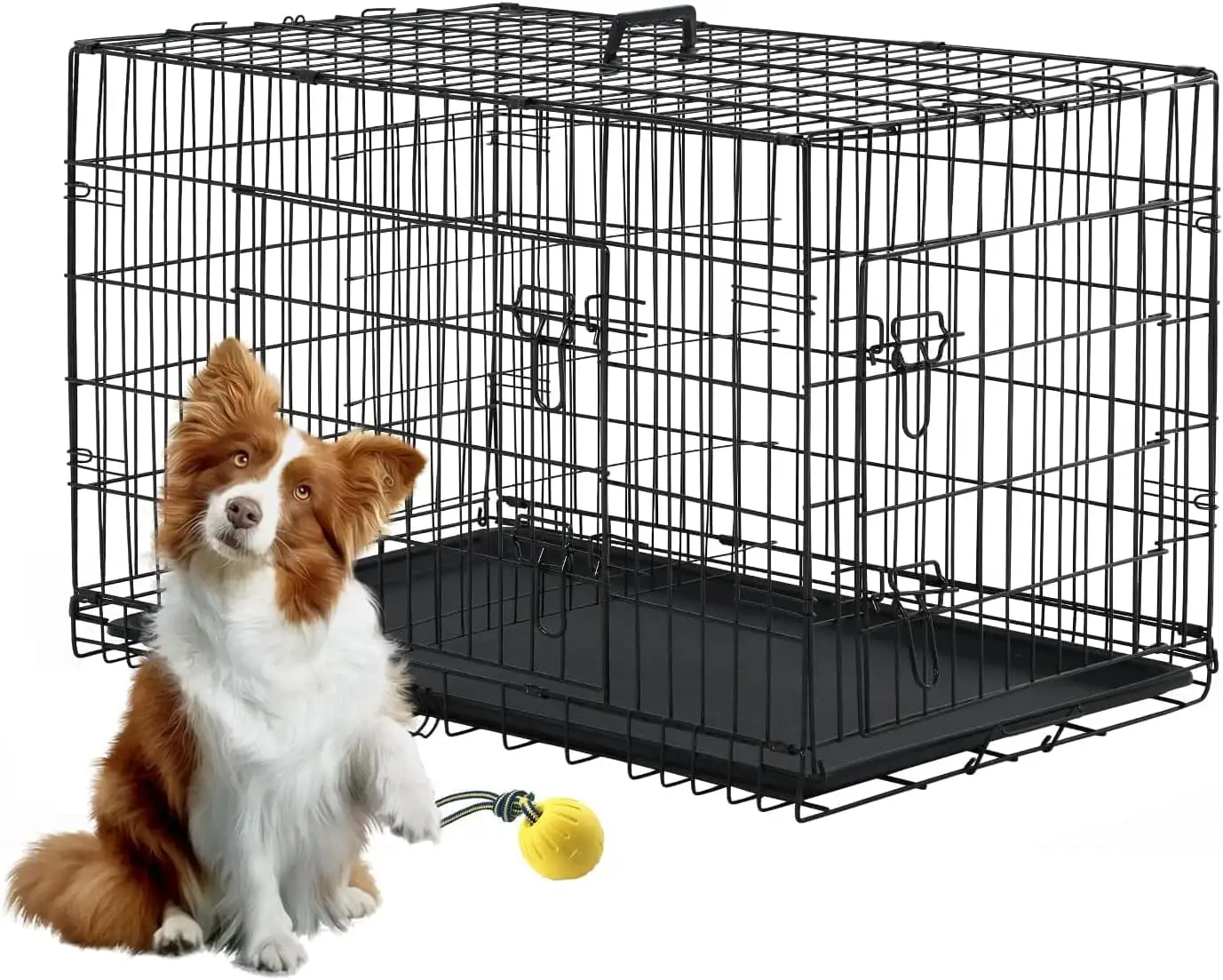 Large Dog Crate for Medium Large Dogs. 42 inch Dog Cage Metal Pet Crate with Plastic Tray and Handle Pet Dog Kennel Outdoor Indoor Double-Door Folding Dog Kennel Furniture. Black