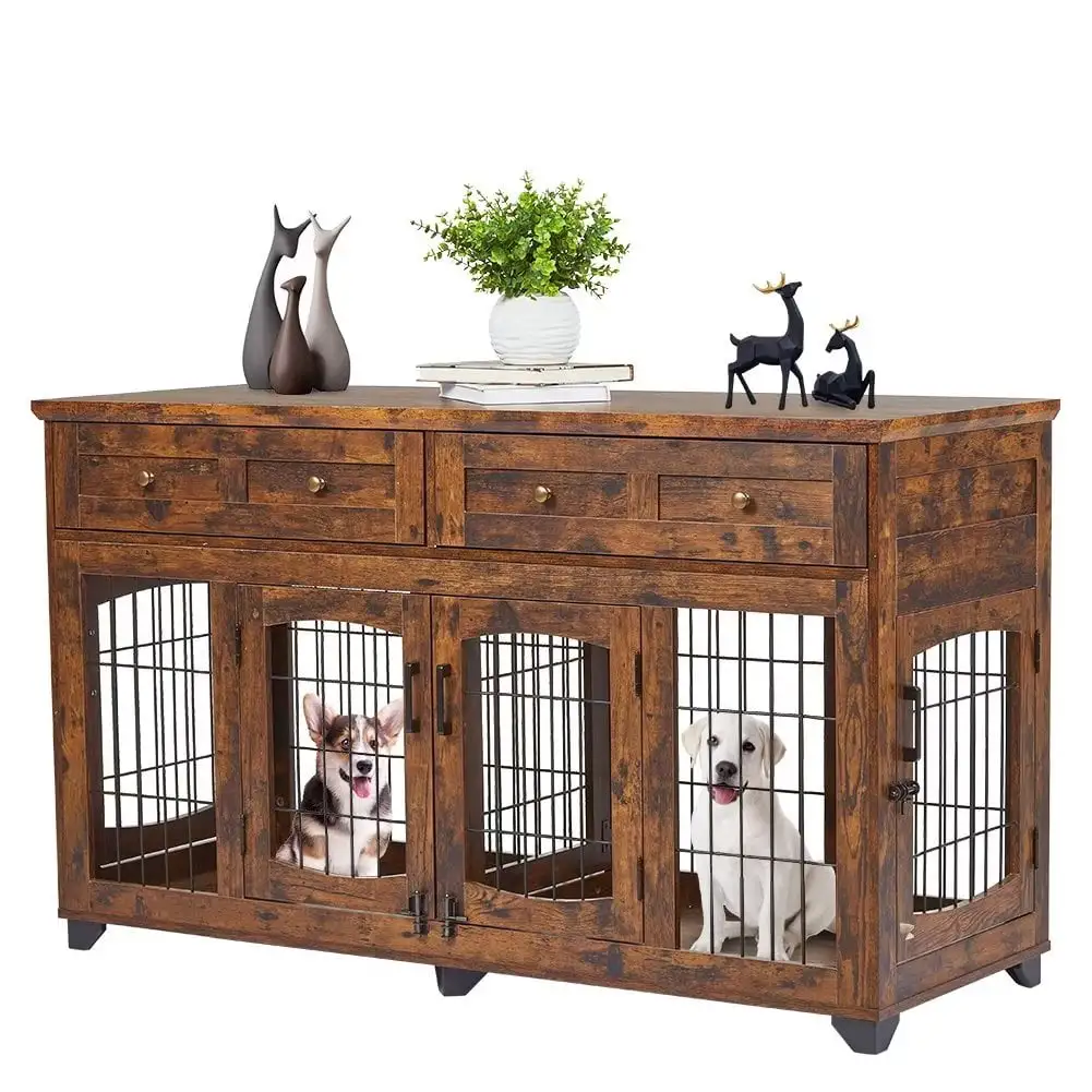 Large Double Dog Crate Furniture with Openable Partition & 2 Drawers. 58 Wooden Dog Crate Table TV Stand. Brown