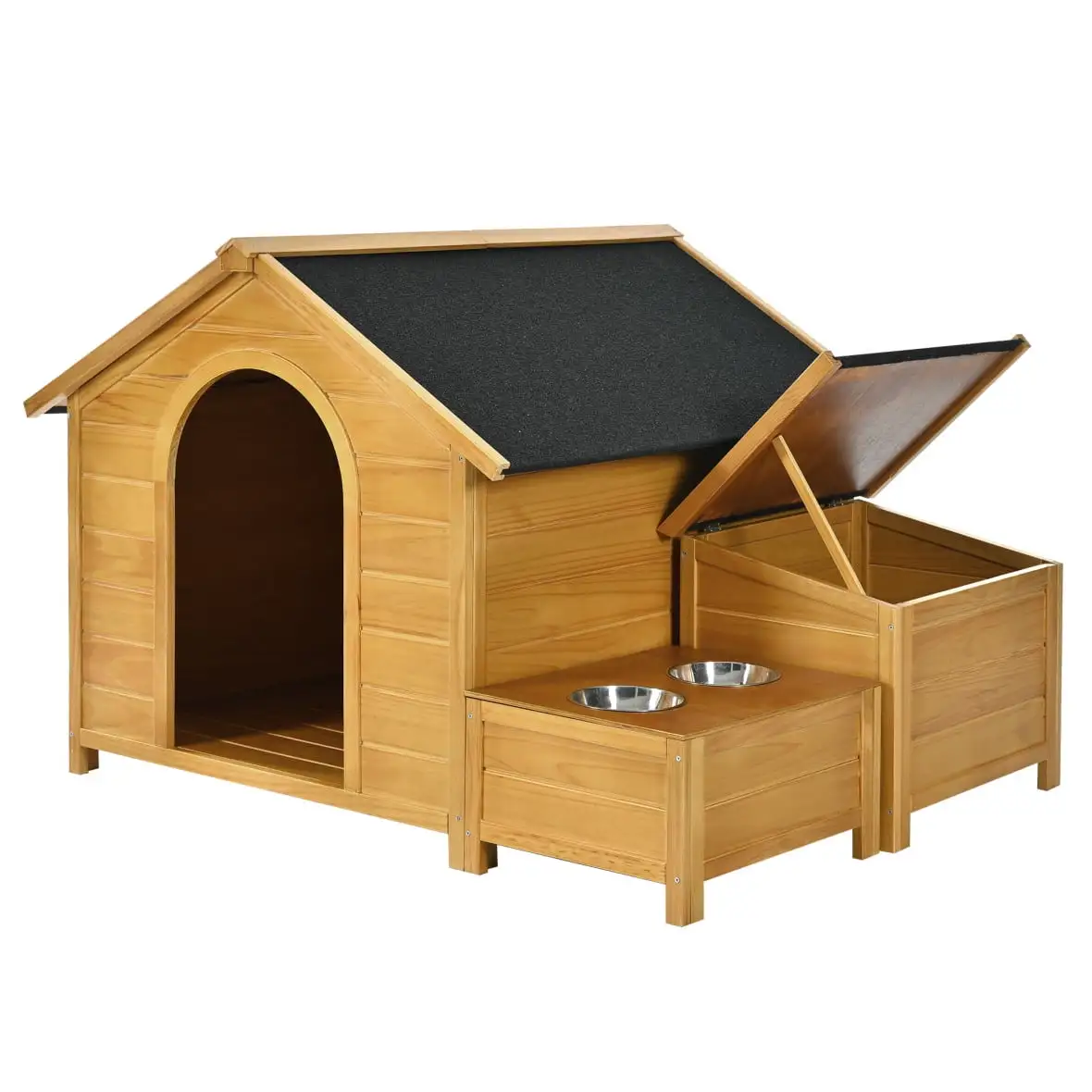 Large Size Dog House with 2 Feeding Bowls and Storage Box. Wooden Dog Crate with Raised Legs for Anti-Ground Moisture. Cabin Style Raised Dog Shelter with Asphalt Roof. Nature