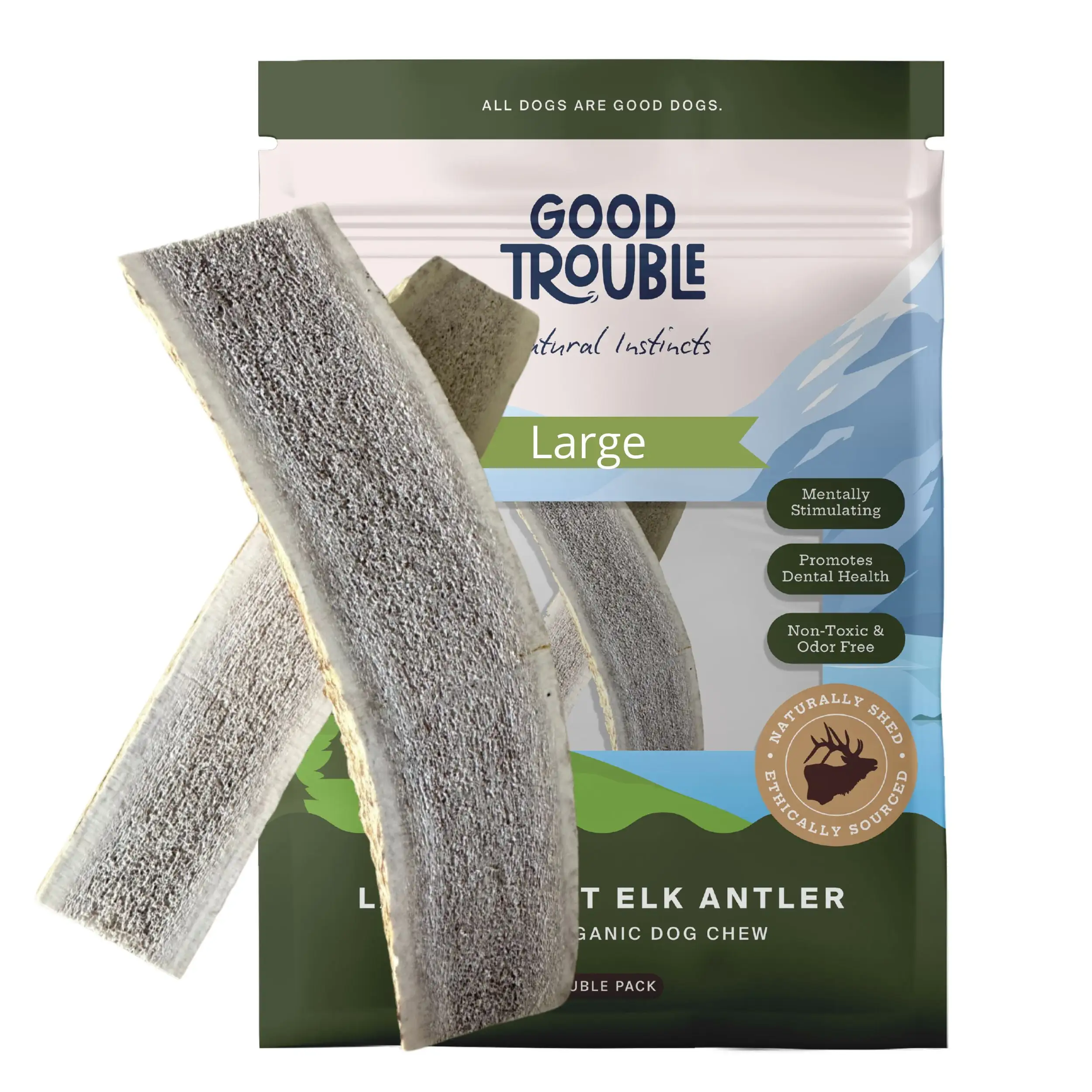 Large Split Premium Wild Elk Antlers (2-Pack) Bones for Dogs by Good Trouble Pets