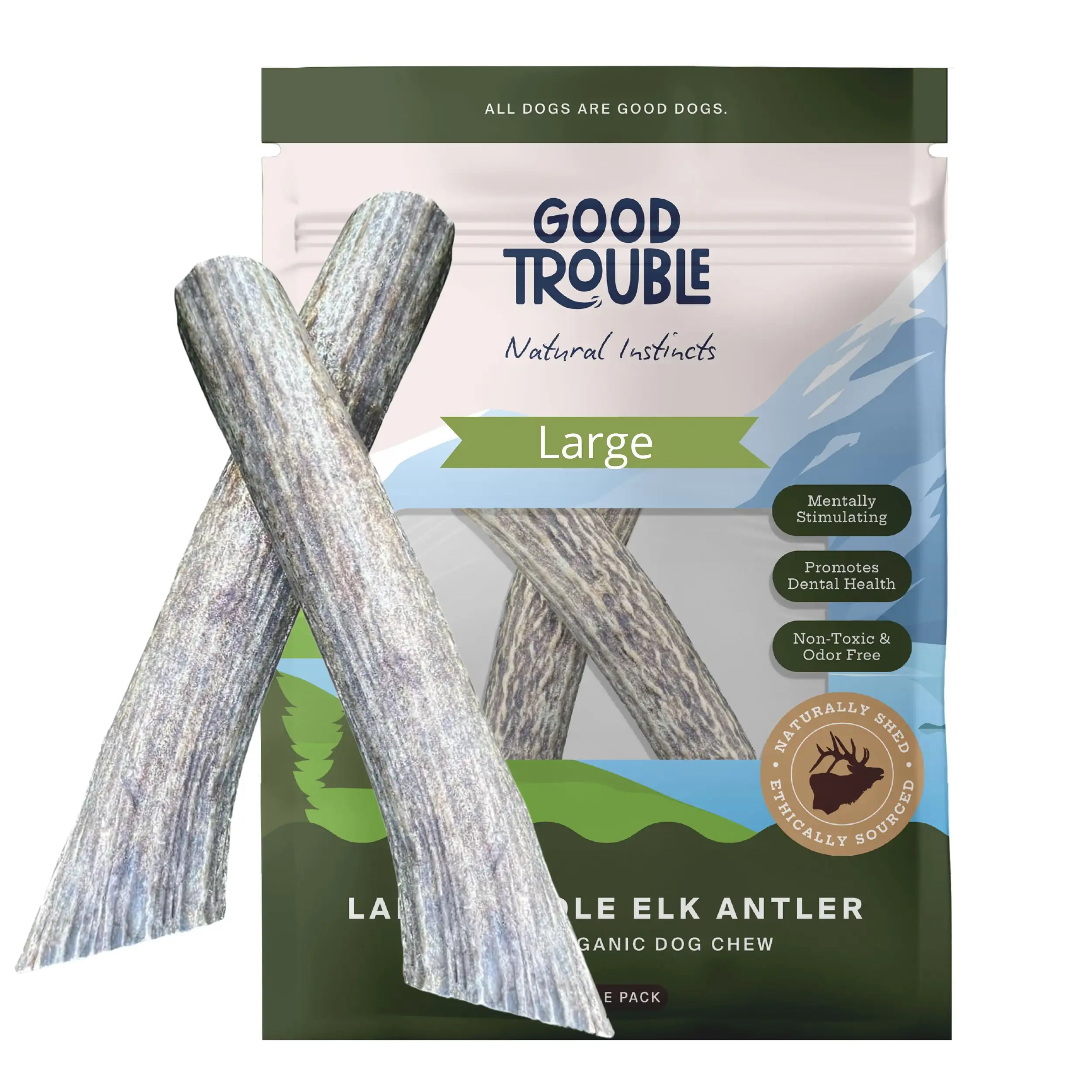 Large Whole Premium Wild Elk Antlers (2-Pack) for Dogs by Good Trouble Pets