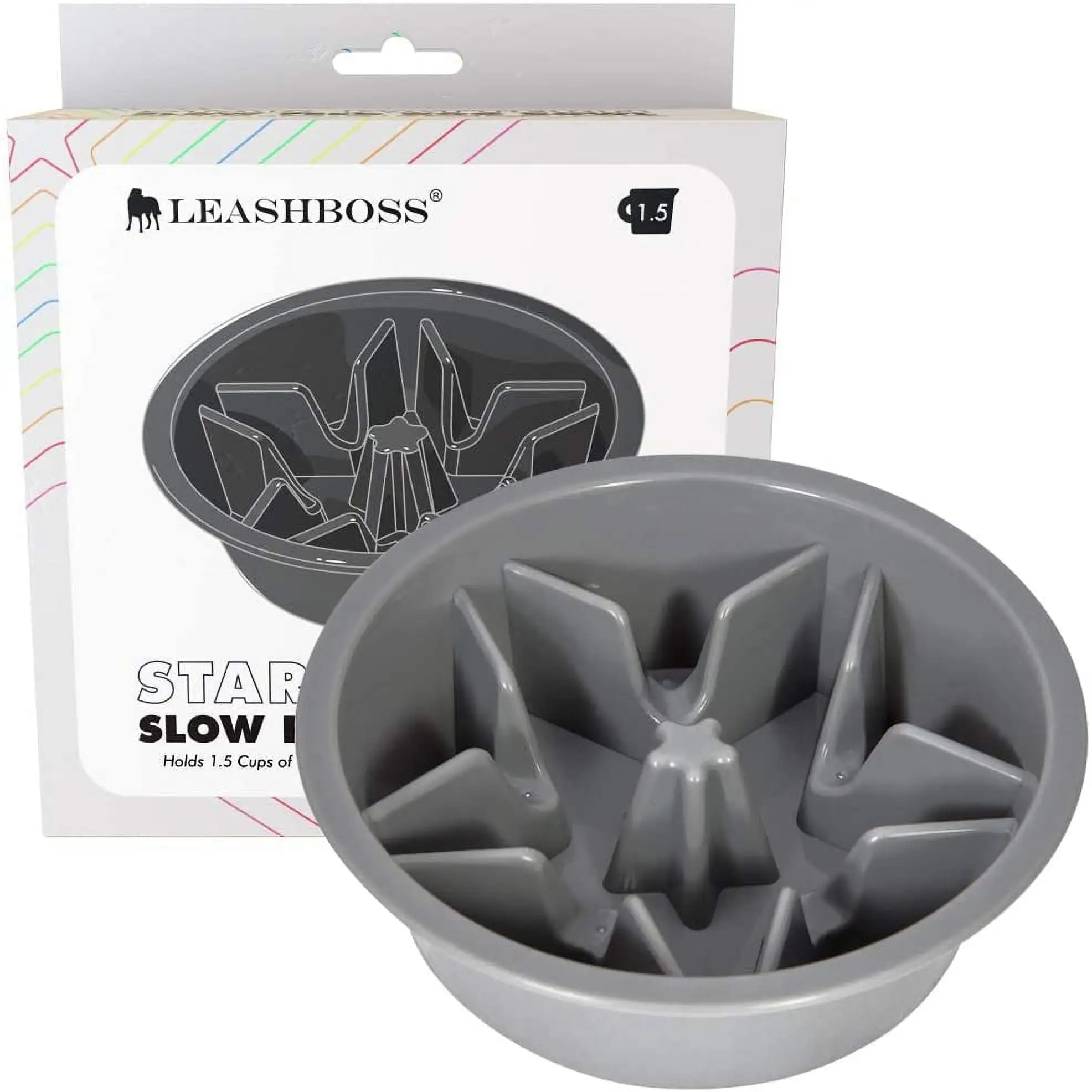 Leashboss | Slow Feed Dog Bowl for Raised Pet Feeders | Maze Food Bowl Compatible with Elevated Diners | Small to Medium Breeds | 1.5 Cup. 6-6.25 Inch Feeder Holes | Grey