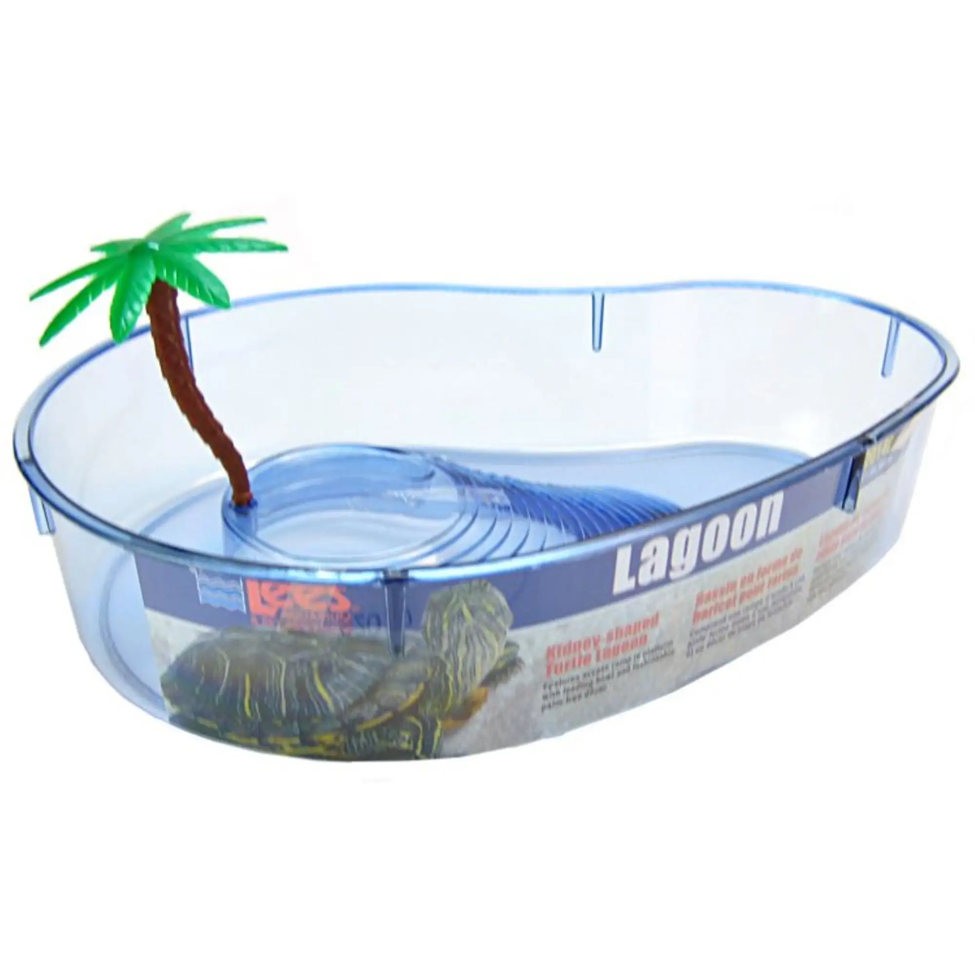 Lees Kidney Shaped Turtle Lagoon with Access Ramp to Feeding Bowl and Palm Tree Decor