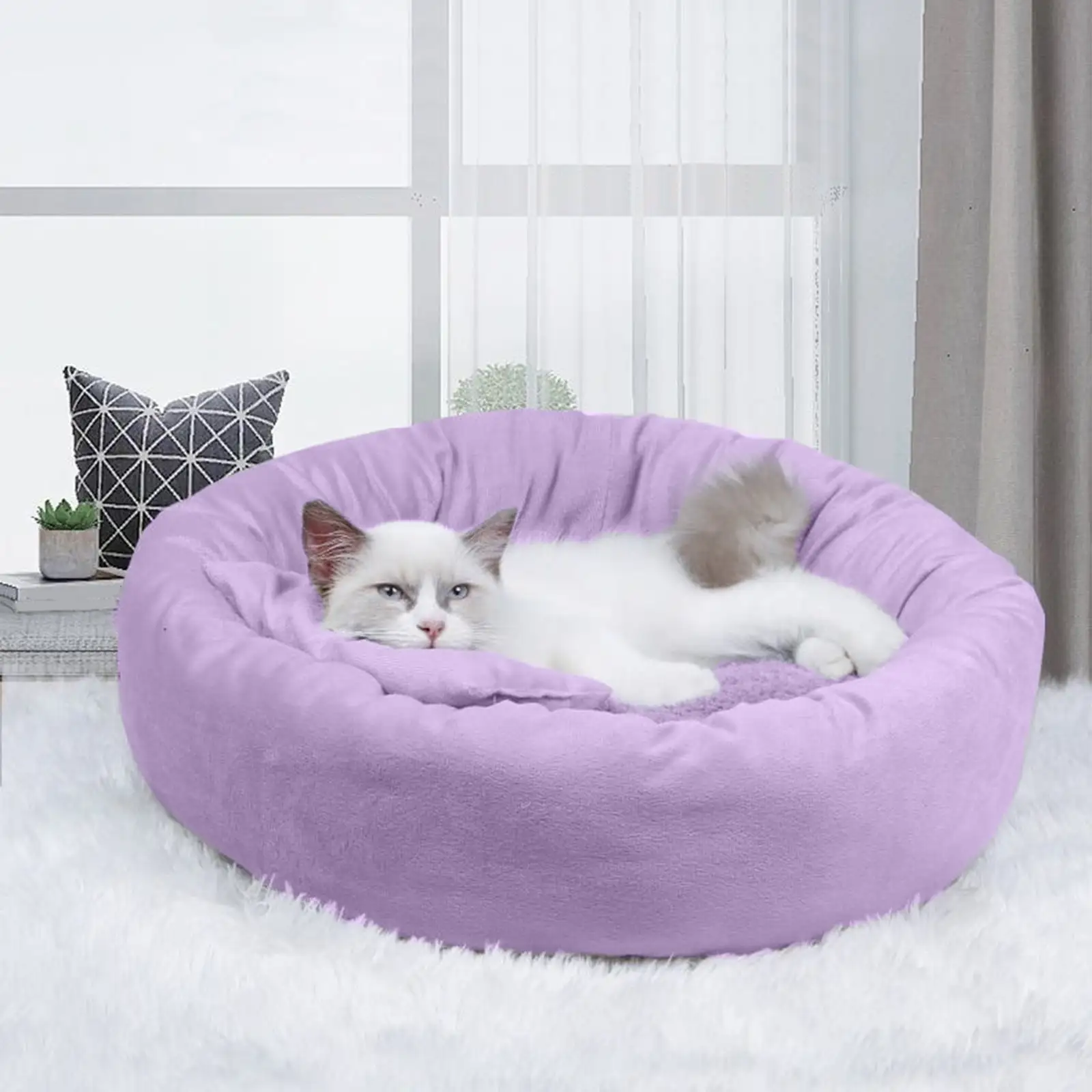 Leesechin Deals Three-piece Set Of Round Dog Kennel Plush Dog Mattress Thickened Dog Kennel Mat For Fall Winter With Pillow Around It Suitable For Puppy Curl Sleeping