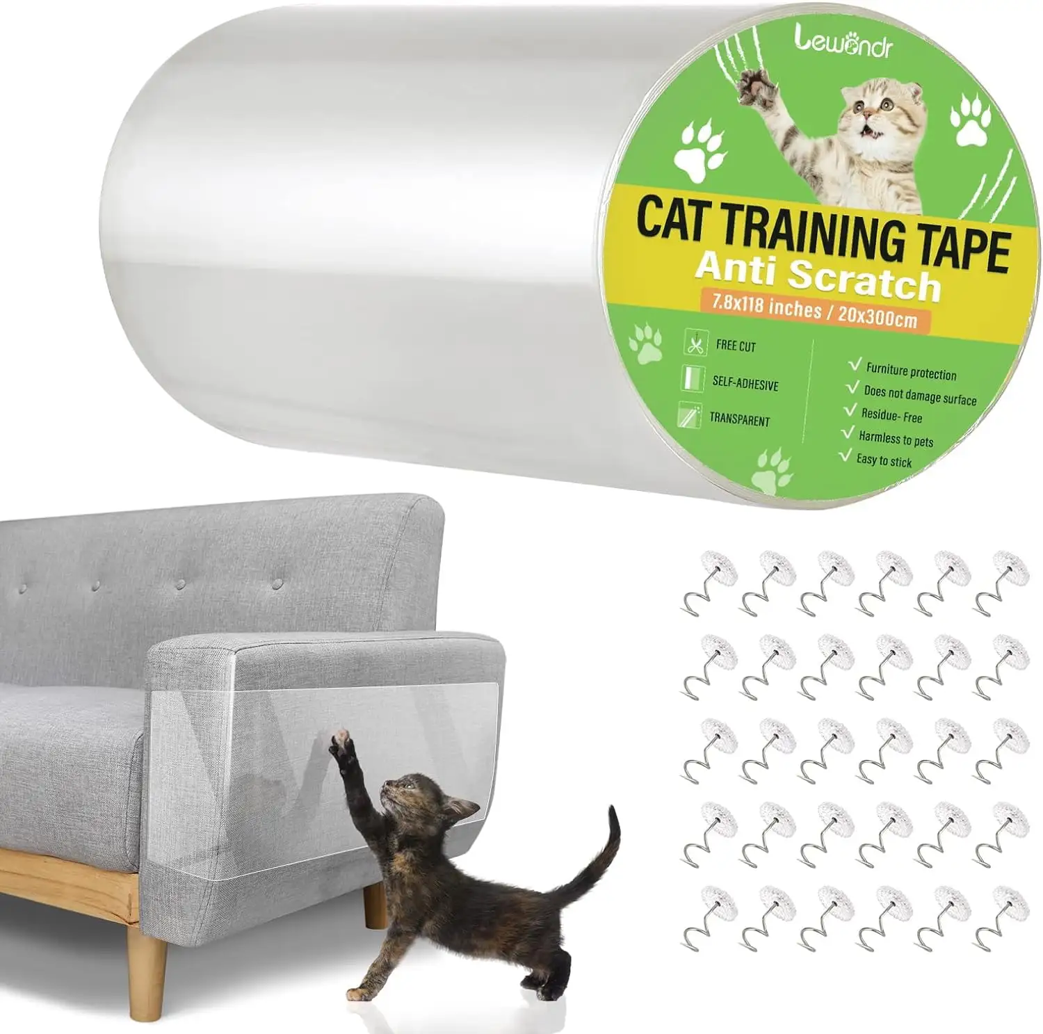 Lewondr Anti-Scratch Cat Scratching Deterrent Tape???30 Pins???. 7.87x118 inches Clear Cat Scratch Furniture Protector. Single Side Cat Scratch Training Tape with 30 Pins for Couch.Carpet.Doors