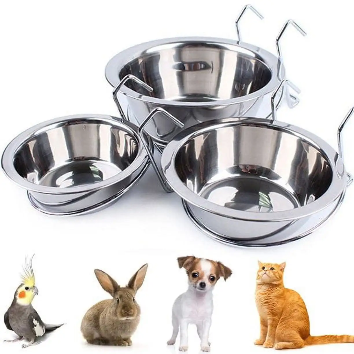 Limei Pet Bowl Stainless Steel Hanging Food Water Cup Feeder with Hook Detachable for Dogs Cats Kennel. Bird Parrot Rabbit Cage (Large)