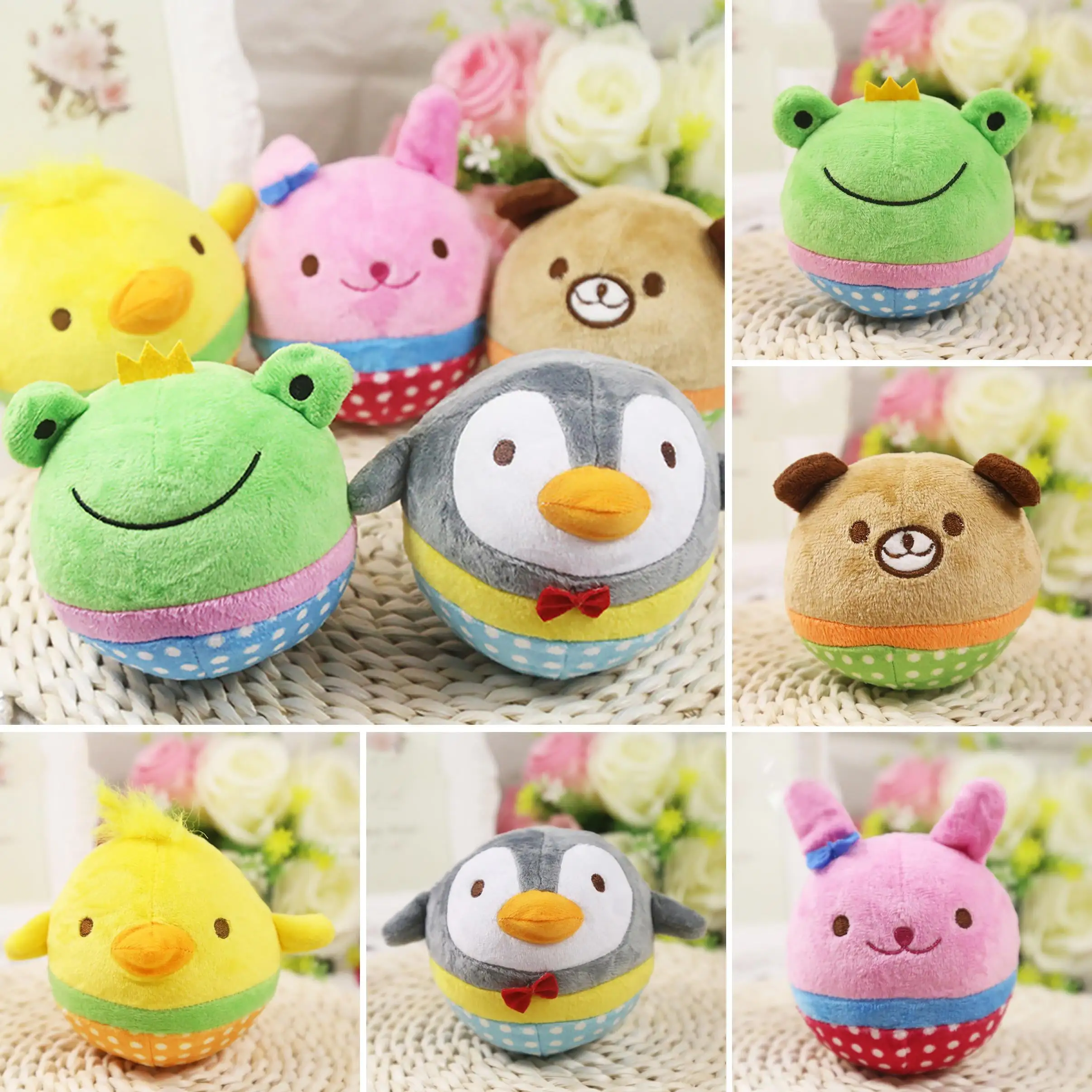 Limei Pet Dog Puppy Toys. Soft Stuffed Plush Balls with Squeakers. Interactive Fetch Play for Puppy Small Medium Pets. Cartoon Lovely Zoo Ball Bear Chicken Frog Penguin Rabbit