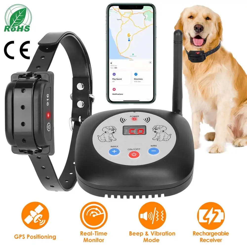 Lindbes 328FT Electric Wireless Dog Fence System GPS Dog Tracker with GPS Location Monitor Range Adjustable Rechargeable Beep Vibration for Small Medium Large Dogs 1 Transmitter 1 Receiv