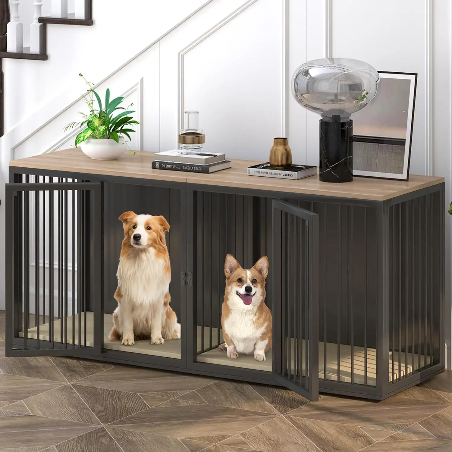 Linor Large Dog Crate Furniture for 2 Dogs. Wooden Dog Crate Table with Double Doors. Heavy Sturdy Dog Kennel for Medium Large Dog. Indoor Double Dog Cage (Black)