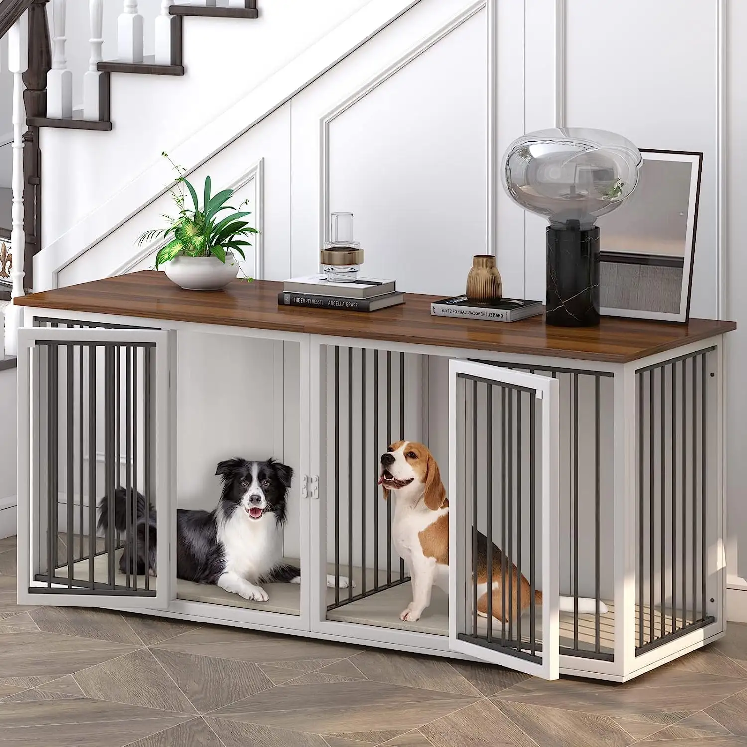 Linor Large Dog Crate Furniture for 2 Dogs. Wooden Dog Crate Table with Double Doors. Heavy Sturdy Dog Kennel for Medium Large Dog. Indoor Double Dog Cage (White)