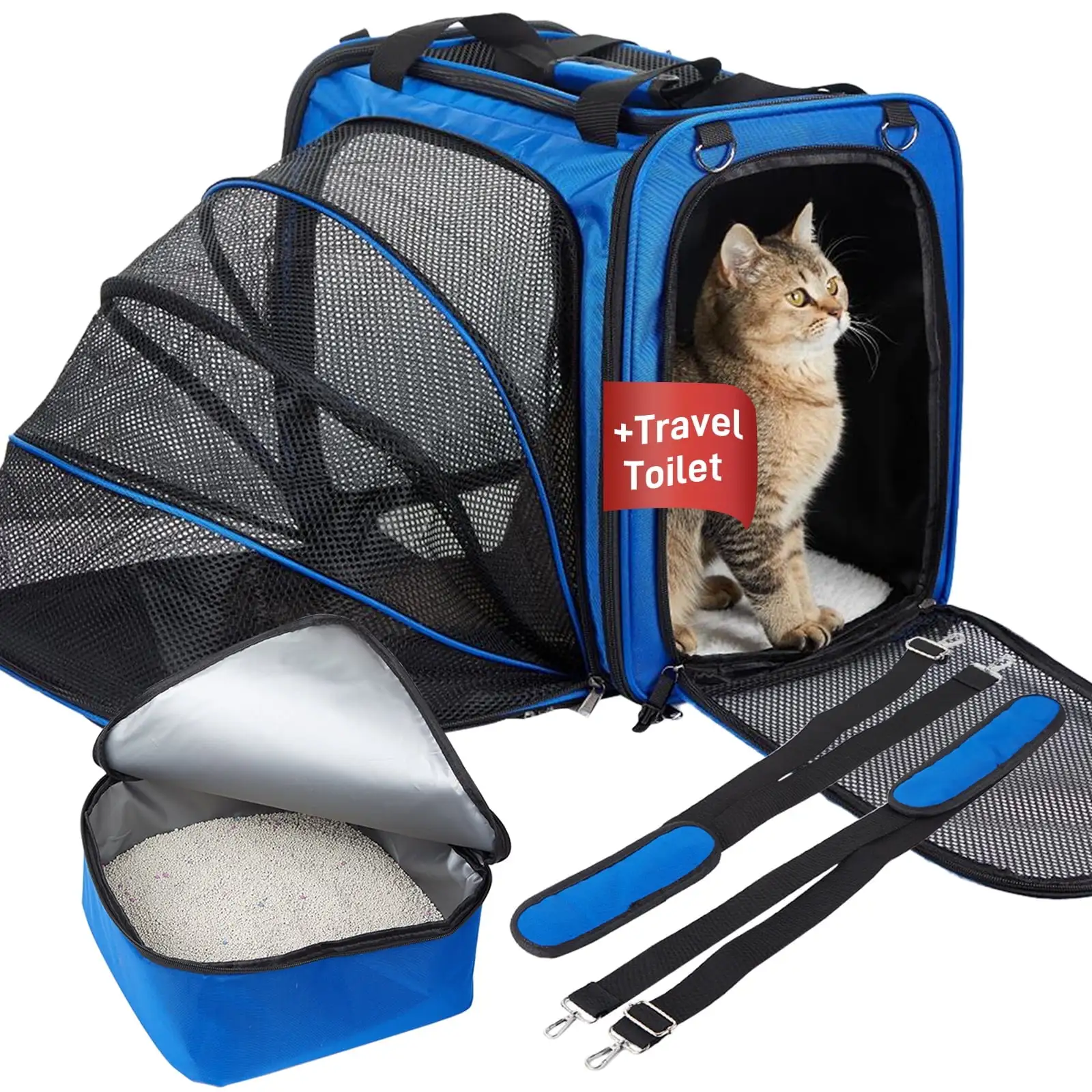 LitaiL Cat Carrier for Cats and Small Medium Dogs up to 25 lbs. Pet Carrier with Cat Litter Box and Soft Mat. Blue