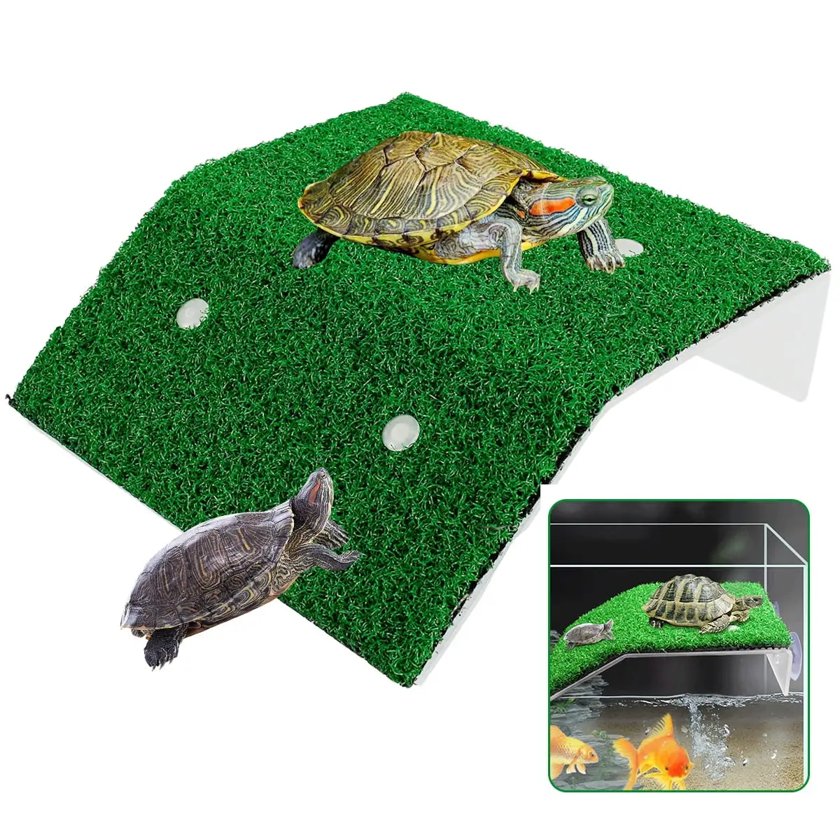 Littleduckling Turtle Basking Platform with Simulation Turf Turtle Resting Terrace with Simulation Cup Turtle Floating D