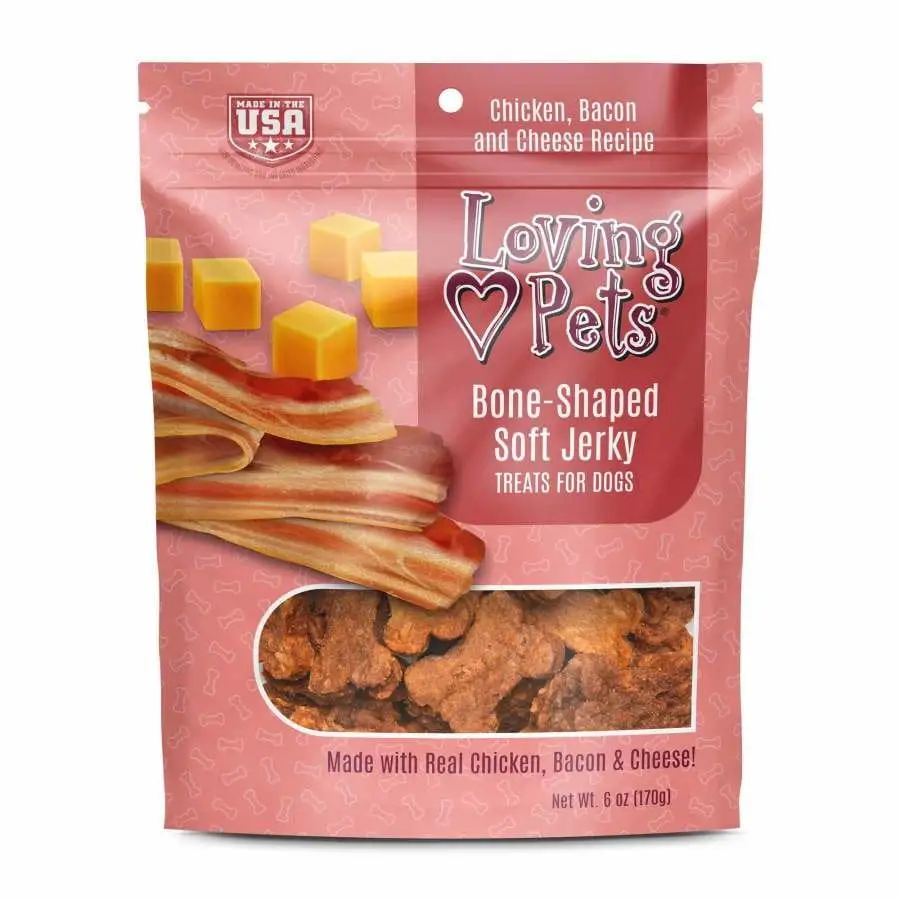 Loving Pets Bone-Shaped Soft Jerky Dog Treat Chicken Bacon & Cheese. 6 oz