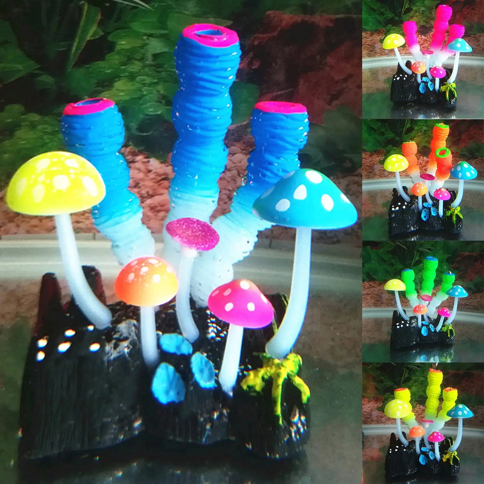 Ludlz Aquarium Decorations. Glowing Coral Plant Ornaments for Betta Fish Tank Decorations. Glow Mushroom Decor