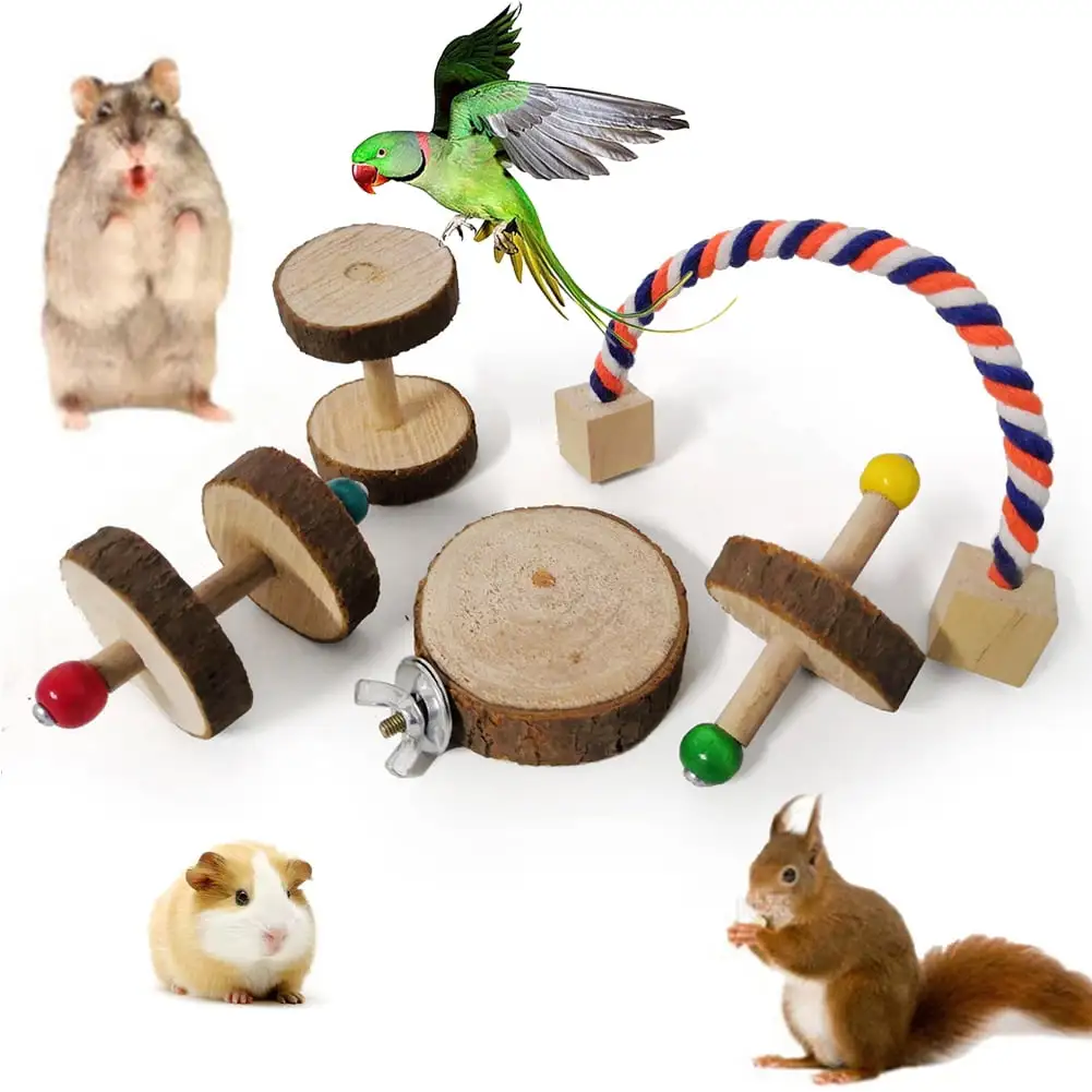 Ludlz Hamster Chew Toys. Natural Wooden Pine Guinea Pigs Rats Chinchillas Toys Accessories Dumbells Exercise Bell Roller Teeth Care Molar Toy for Bunny Rabbits