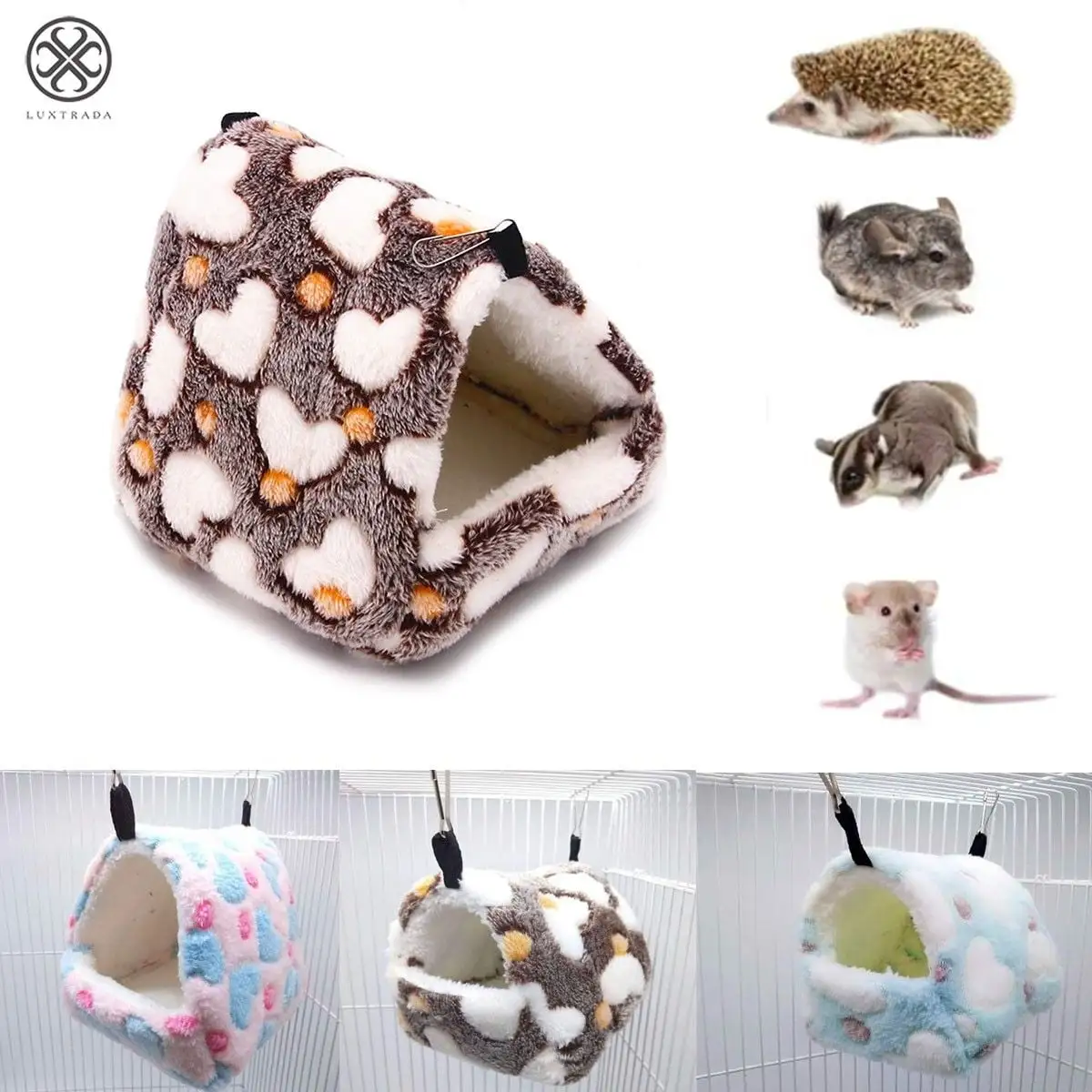 Luxtrada Hamster Love Pattern Hammock Chinchillas Warmth Supplies Small Pets Nest Rat Nest Mat for Squirrel Hedgehog Guinea Totoro Pig Bed House Cage Nest Hamster Accessories (Coffee. L)