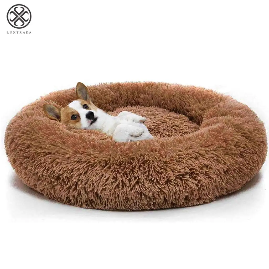 Luxtrada Original Cat and Dog Bed Luxury Shag Fur Donut Cuddler Round Donut Dog Beds Indoor Pillow Cuddler for Medium Small Dogs (XL.Brown)