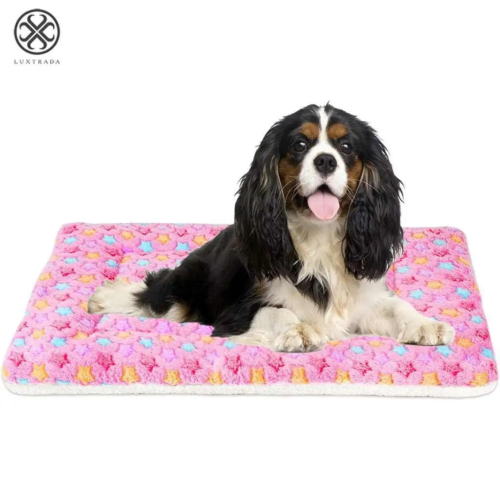 Luxtrada Pet Dog Bed with Cute Prints Soft Flannel Crate Bed Mat Machine Washable Pet Bed Liner for Small dog(Pink.M)