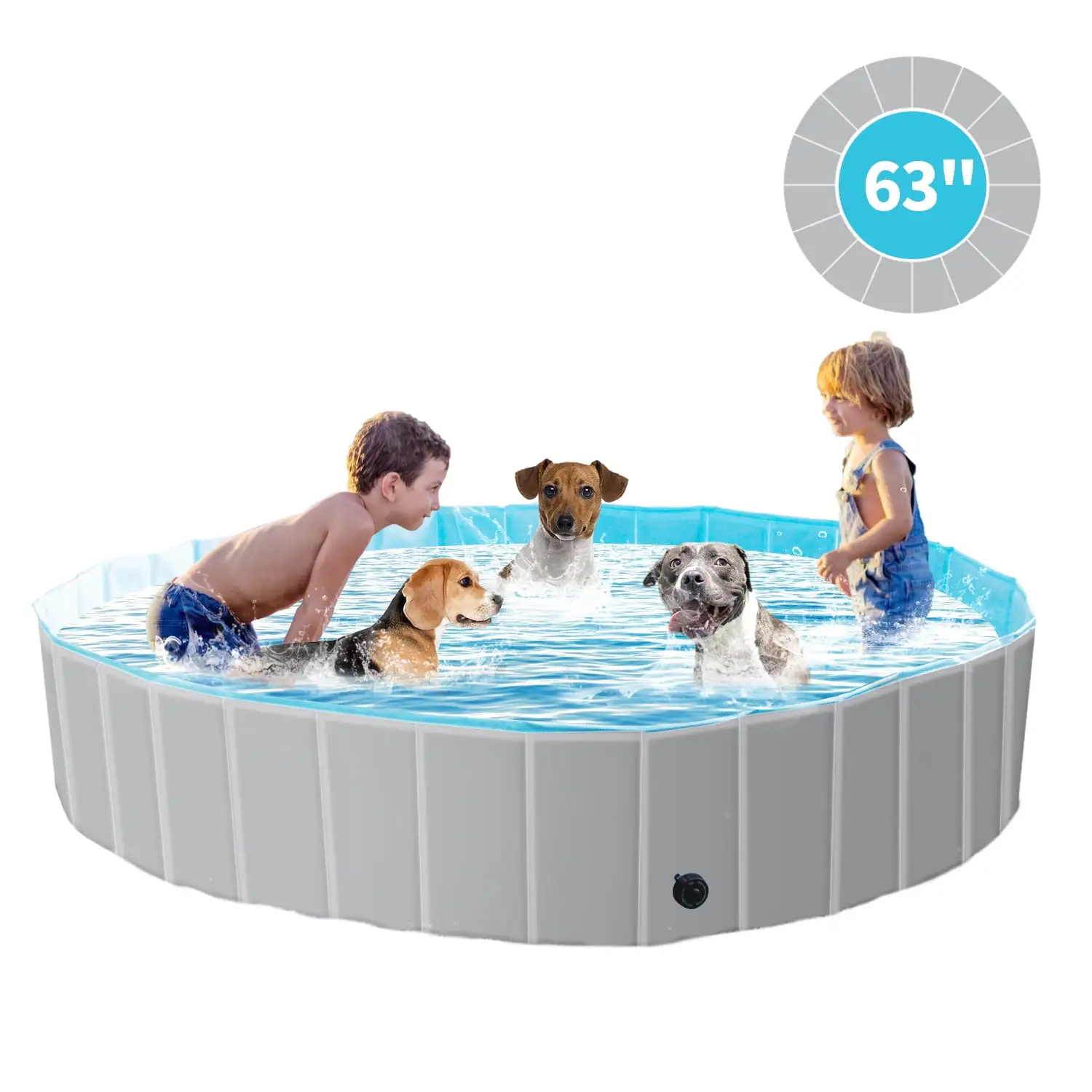 MAX Chill-Out 63 Foldable Dog Swimming Pool with Water Drainage Hole. Collapsible Hard Plastic Wading Pool for Dogs & Kids. Outdoor Pet Bath Tub. Large